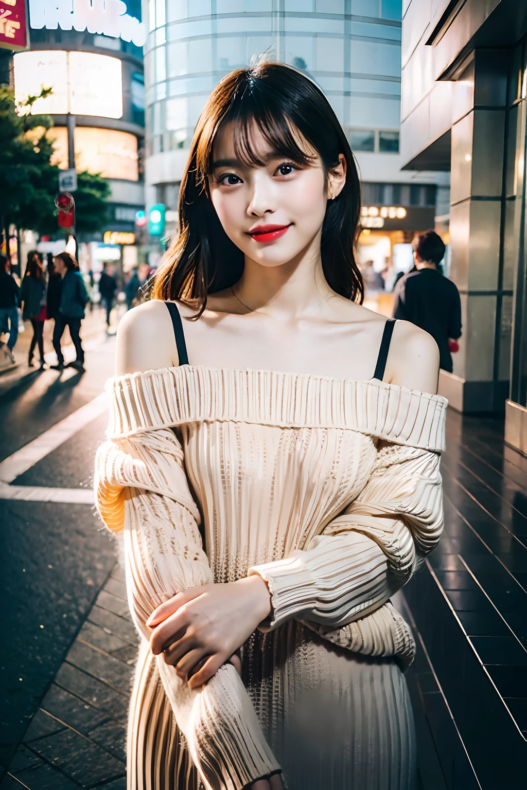 best quality ,masterpiece,ultra high res,(photo realistic:1.4), 1 girl, looking at viewer, Wearing oversized off-shoulder knit over lingerie, korean famous actress, very beautiful,kawaii, Cinematic, 35mm lens, f/ 1. 8, accent lighting, 8k, in Shibuya