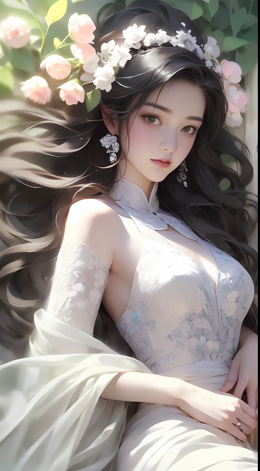 1 girl, full body photo, black hair, flowing hair, hazy beauty, extremely beautiful facial features, white embroidered dress, hairpins on her head, lying in a flower bush, hand dragging chin, perfect hand, white flower, (spring, rainy day, terraces, mountains), simple vector art, contemporary Chinese art, soft light, entangled scarf, overlook