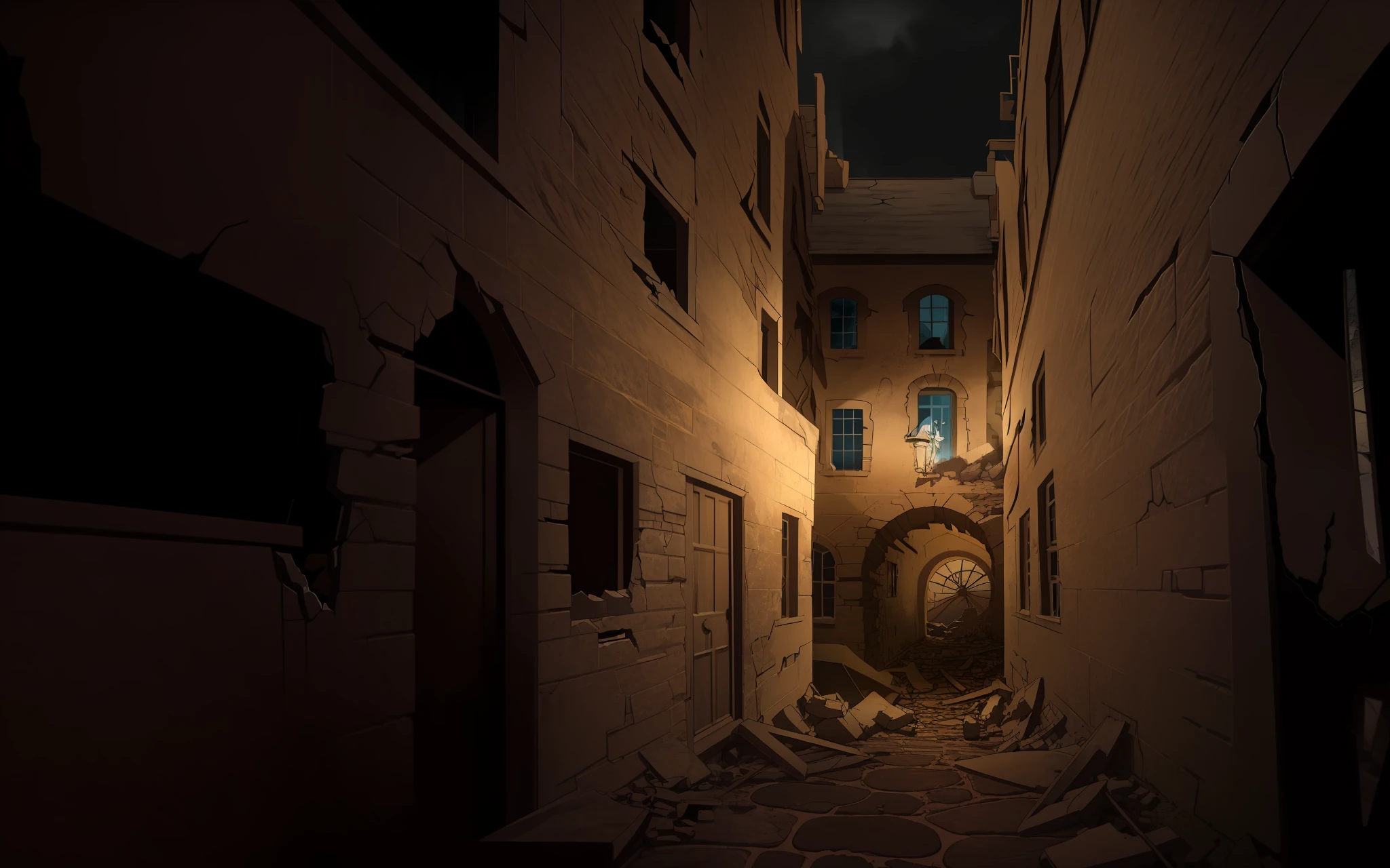 illustratio anime screenshot natta mid night Ocean wind Not Japan Ruined house Brick house cobblestone road Medieval Europe Koyokan Crumbling brick house Unpaved cobblestones Ruined house Houses with a small number of colors A house on the verge of collapse desolate Fine line art 2020s anime