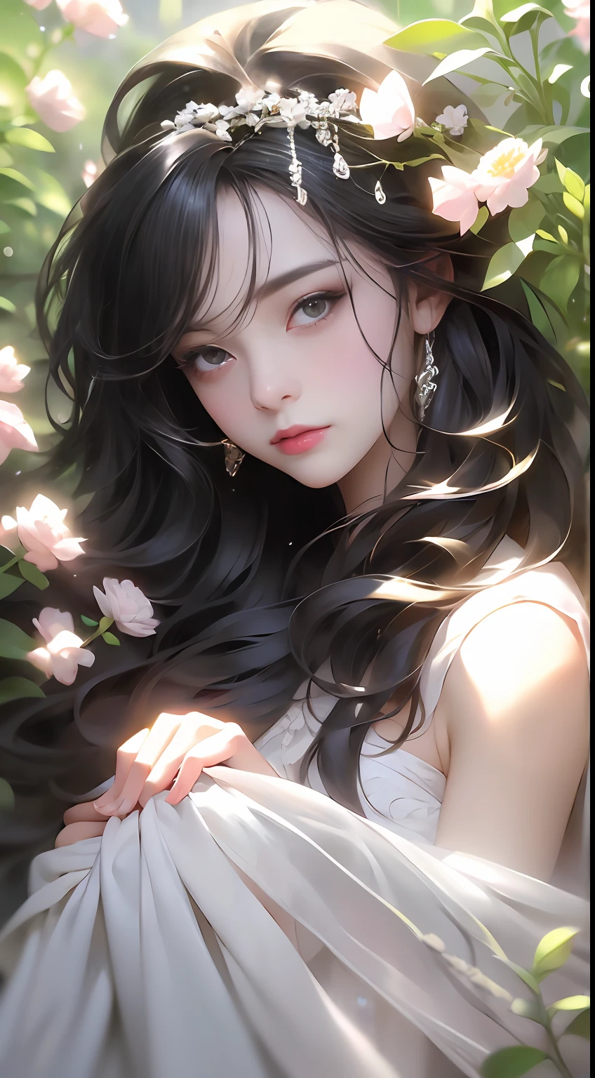 1 girl, full body photo, black hair, flowing hair, hazy beauty, extremely beautiful facial features, white embroidered dress, hairpins on her head, lying in a flower bush, hand dragging chin, perfect hand, white flower, (spring, rainy day, terraces, mountains), simple vector art, contemporary Chinese art, soft light, entangled scarf, overlook