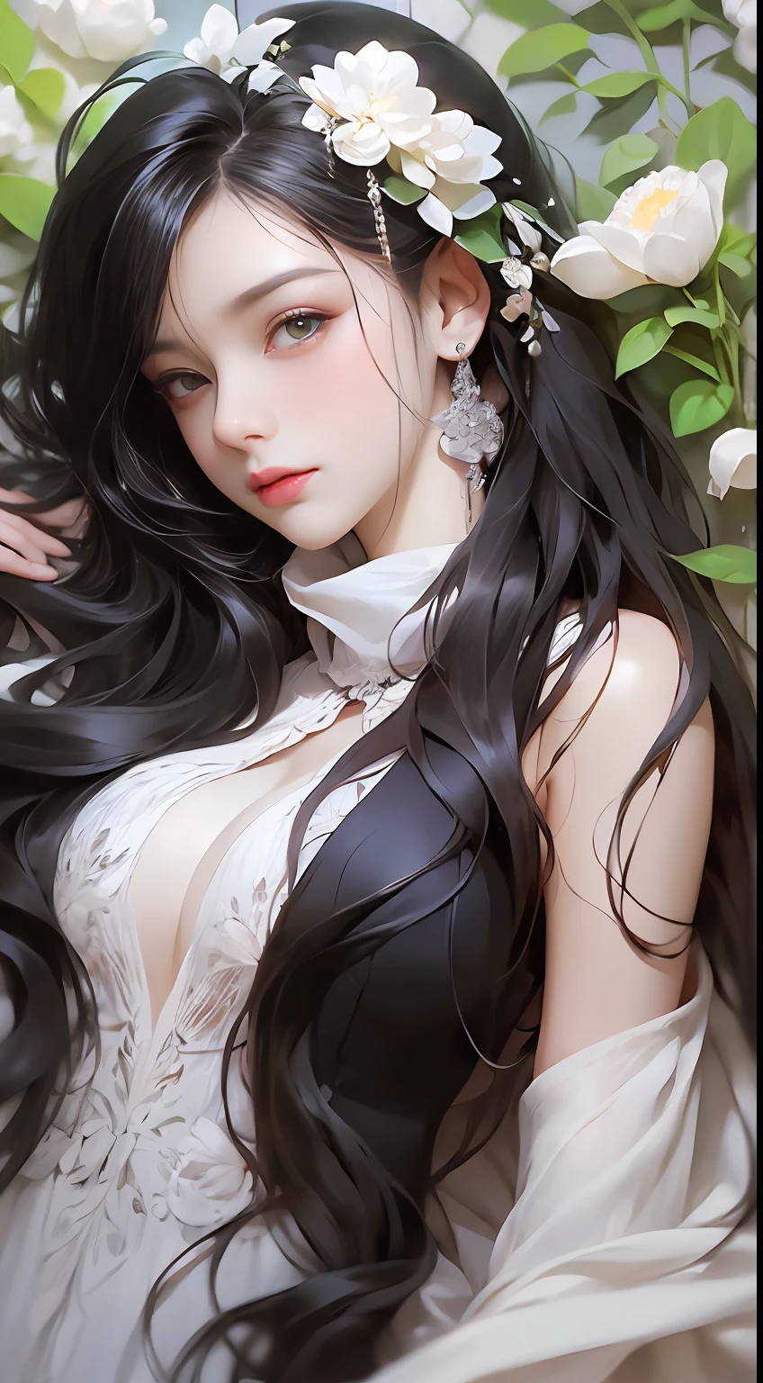 1 girl, full body photo, black hair, flowing hair, hazy beauty, extremely beautiful facial features, white embroidered dress, hairpins on her head, lying in a flower bush, hand dragging chin, perfect hand, white flower, (spring, rainy day, terraces, mountains), simple vector art, contemporary Chinese art, soft light, entangled scarf, overlook