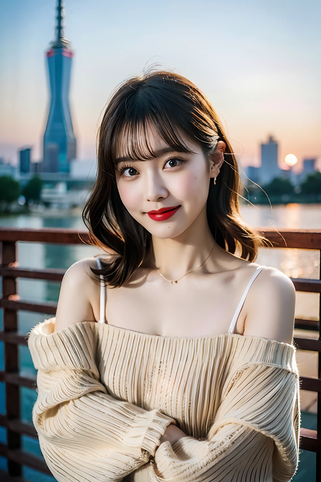 best quality ,masterpiece,ultra high res,(photo realistic:1.4), 1 girl, looking at viewer, Wearing oversized off-shoulder knit over lingerie, korean famous actress, very beautiful,kawaii, Cinematic, 35mm lens, f/ 1. 8, accent lighting, 8k, with Tokyo tower