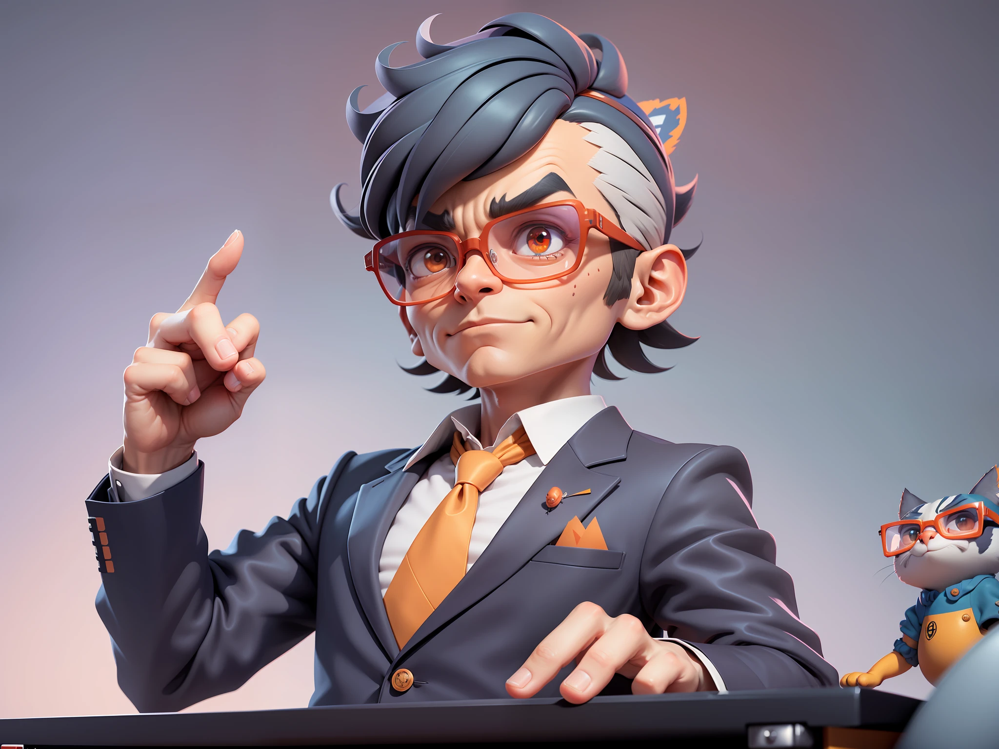 A young man in a suit, Short hair and glasses sat at his desk,holding laptop,digitial painting,tigre,3D character design by Mark Clairen and Pixar and Hayao Miyazaki and Akira Toriyama,4K HD illustration,Very detailed facial features and cartoon-style visuals。