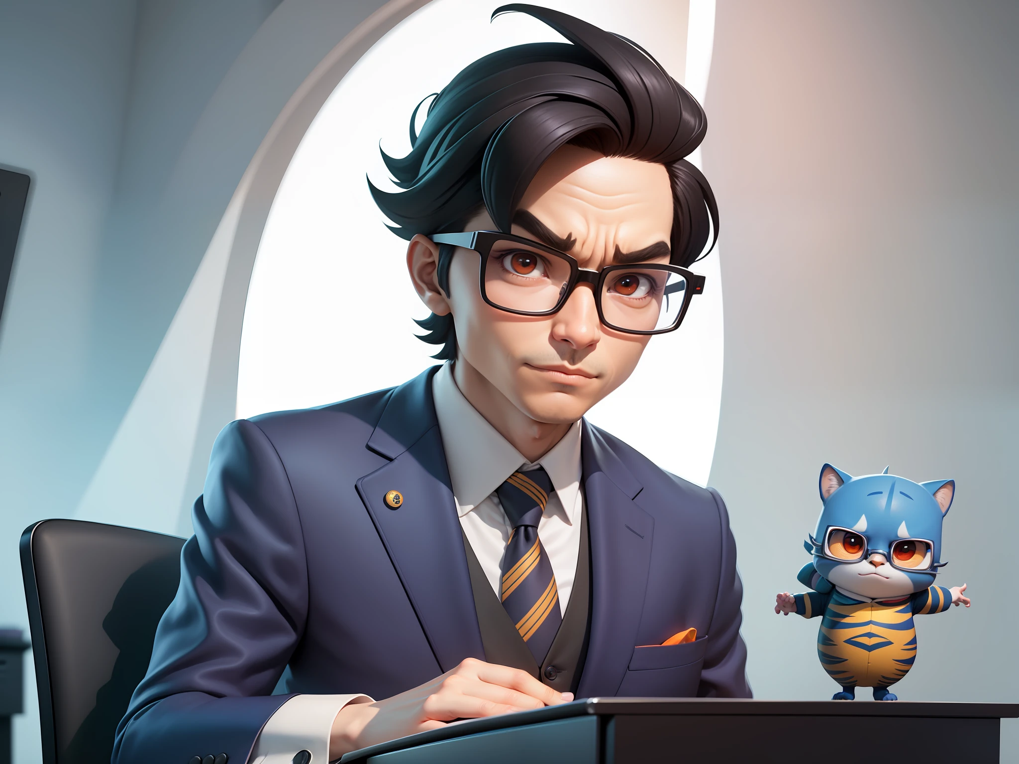 A young man in a suit, Short hair and glasses sat at his desk，holding laptop，digitial painting，tigre，3D character design by Mark Clairen and Pixar and Hayao Miyazaki and Akira Toriyama，4K HD illustration，Very detailed facial features and cartoon-style visuals。