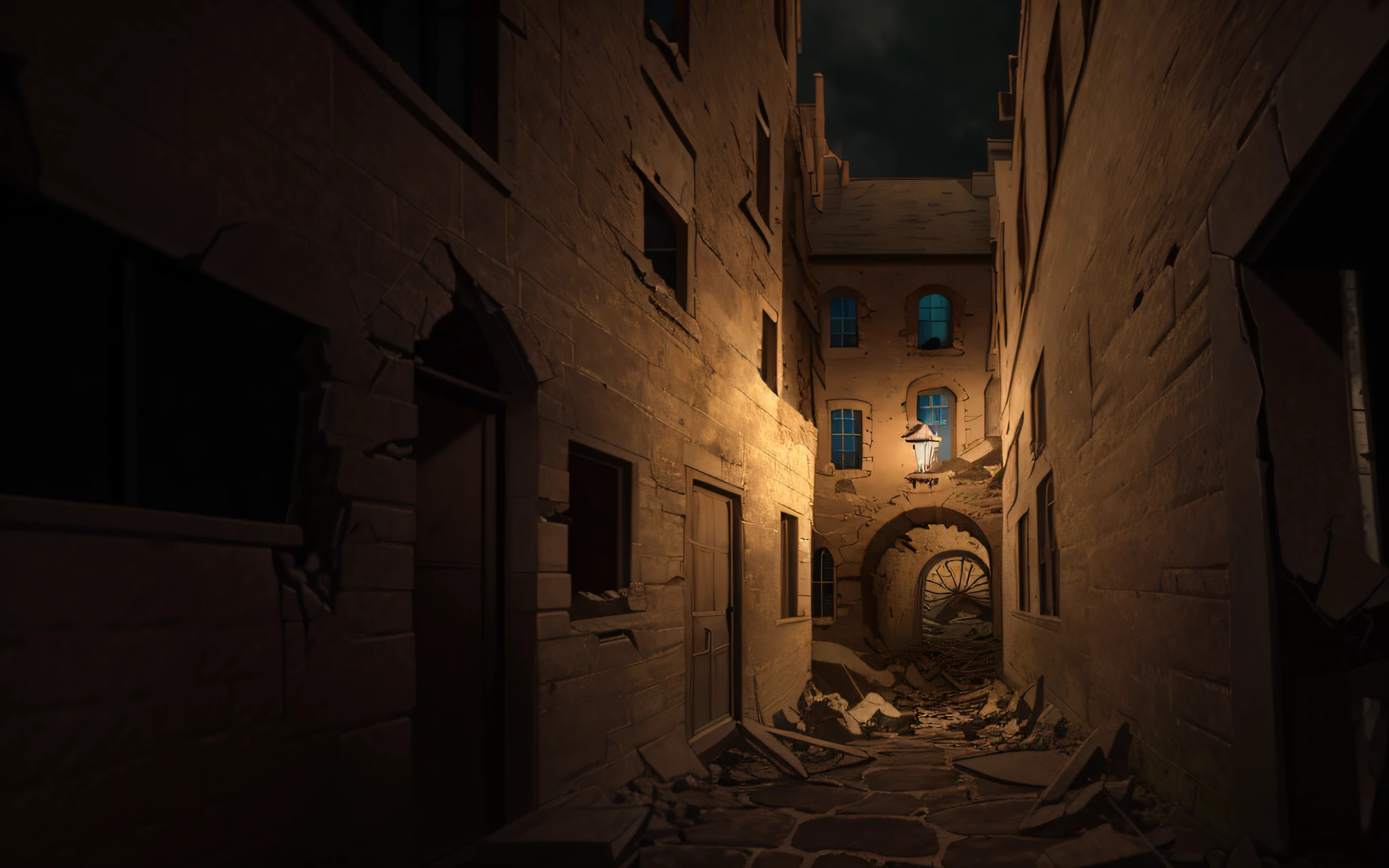 illustratio anime screenshot natta mid night Ocean wind Not Japan Ruined house Brick house cobblestone road Medieval Europe Koyokan Crumbling brick house Unpaved cobblestones Ruined house Houses with a small number of colors A house on the verge of collapse desolate Fine line art 2020s anime