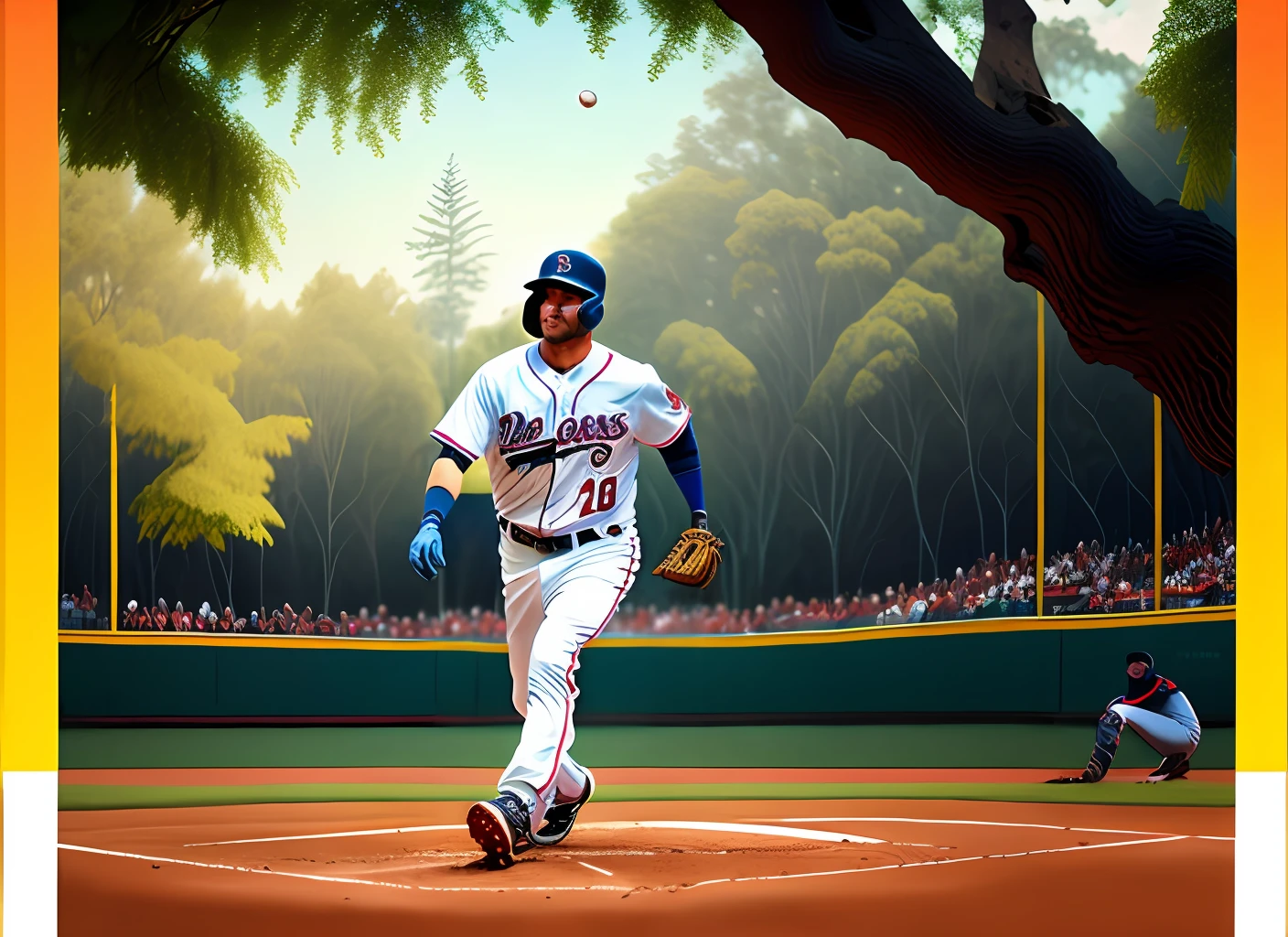 Imagem de um lobo segurando um taco de baseball em uma pose confiante e determinada, with intense expression in the eyes. O lobo deve estar em um ambiente natural, como uma floresta, with soft light filtering through the trees and highlighting their coat. O lobo e o taco de baseball devem ser os pontos focais da imagem, with crisp details and vibrant colors.