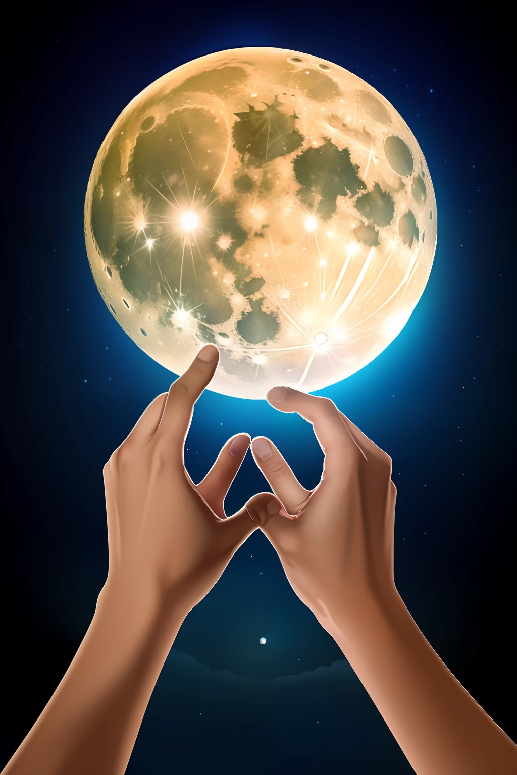 Big Full Moon, In the moonlight , Hands reaching out to each other, fullmoon, with full moon in the sky, Moonlight, Big moon in the background,