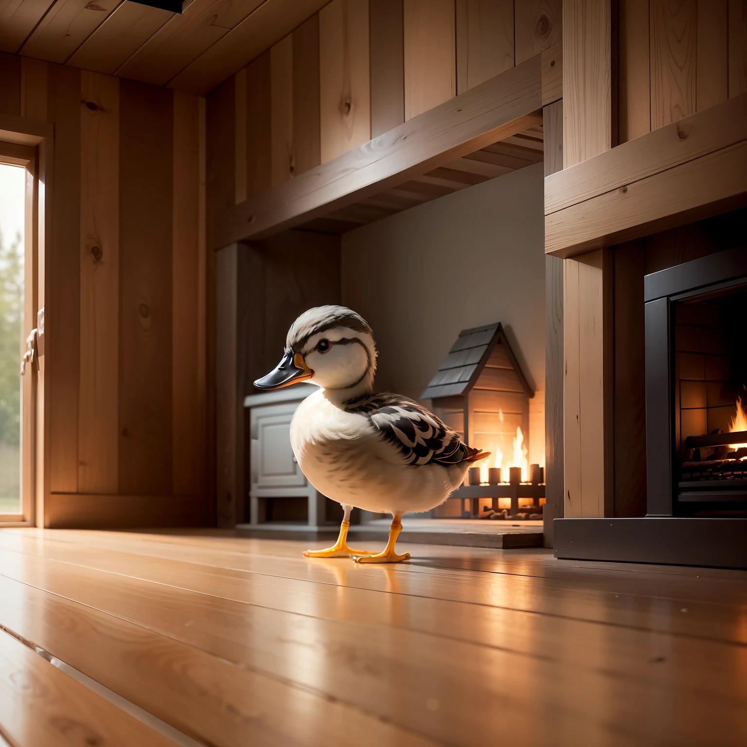 There is a gray duckling, next to a fireplace, inside a wooden house, close up