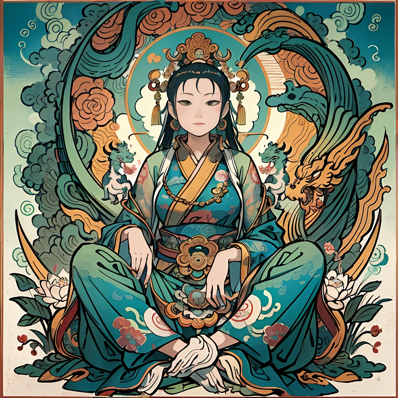an ancient Chinese goddess, guanyin of the southern seas, Guanyin, Inspired by India, Avalokiteshvara rides a dragon，,Serene expression,shui mo hua,Buddha,Buddhist,Lotus,Chinese painting style,Thangka style