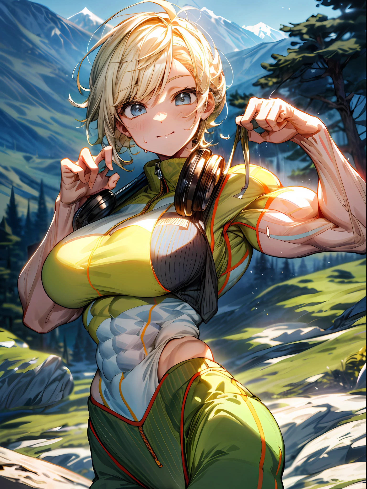 (BEST lighting) , (ultra intricately detailed) , 4k unity, (super-detailed CG: 1.2) , (8K: 1.2),(Original), (Masterpiece) , (Best quality),(Masterpiece:1.4),Anime-ish high quality,(Masterpiece),Masterpiece, Best quality, absurderes,((masterpeace, 4K, 8K, yes, A high resolution))1girll, She was hiking a mountain,Head to a mountain resort, hiking clothes, Spring, Boots, Perfect figure, short yellow asymmetrical hair, Sweat, Dynamic pose, ((body builder:1.5)),Temple background,(Beautiful bace),(Girl),(Female),(((Upper body:1)))