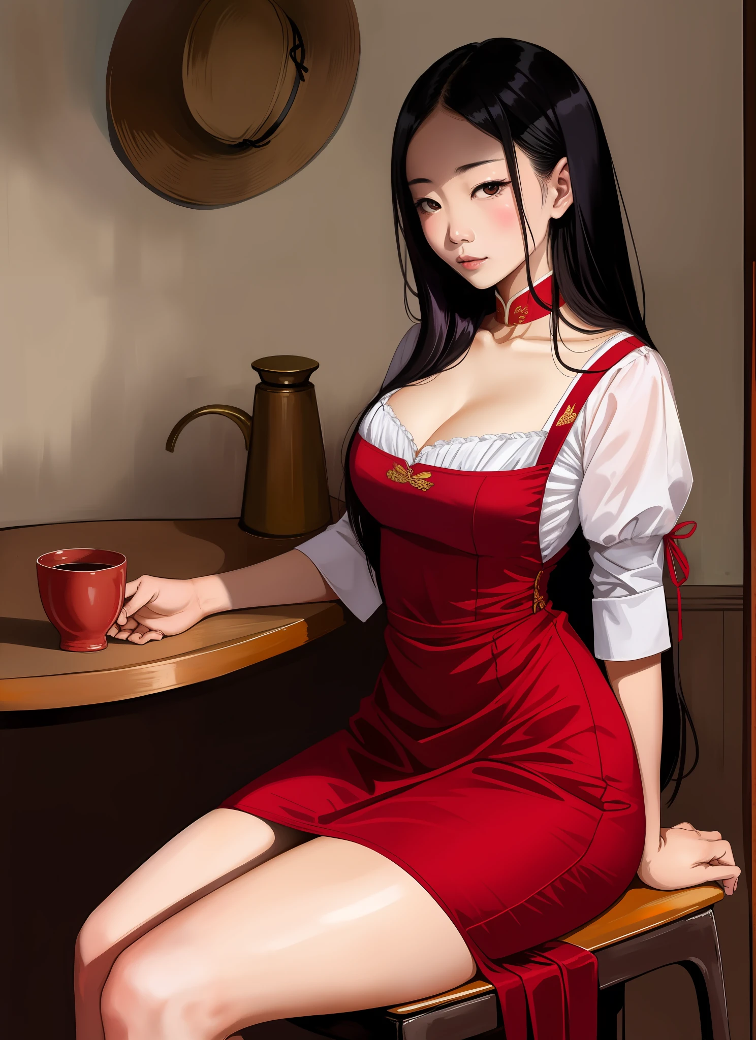 An Asian slave woman dressed in Han dress sits on a stool with her thighs and chest exposed