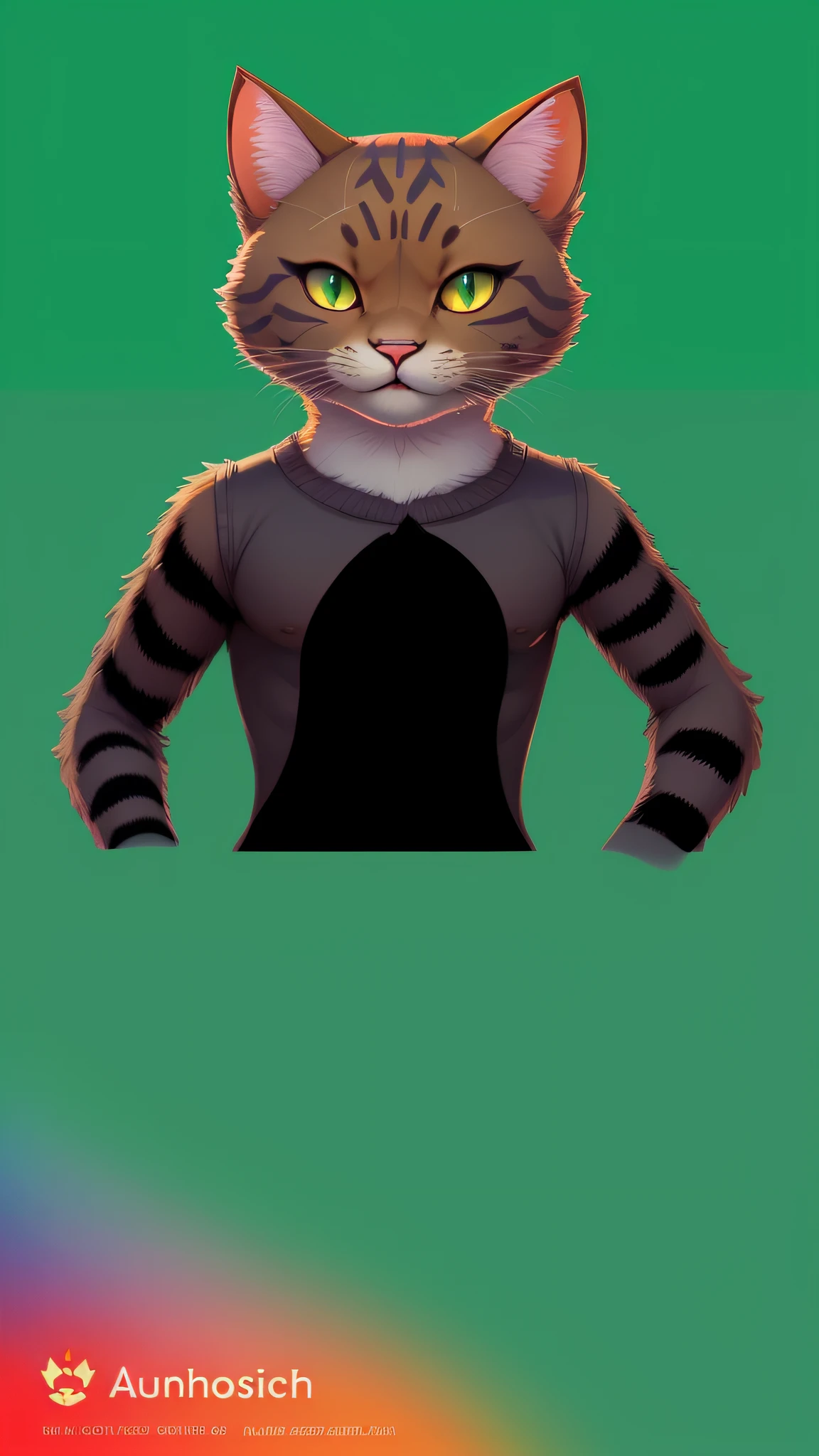 um close up de um gato com um fundo verde, sem linha, generic furry style, zoomed out full body, Caractere mesclado, Avatar da parte superior do corpo, anthropomorphic cat, peludo do gato, um gato antro, design do gato, symmetrical fullbody rendering, Criado no Adobe Illustrator, anthropomorphic female cat, anthropomorphic cat ninja