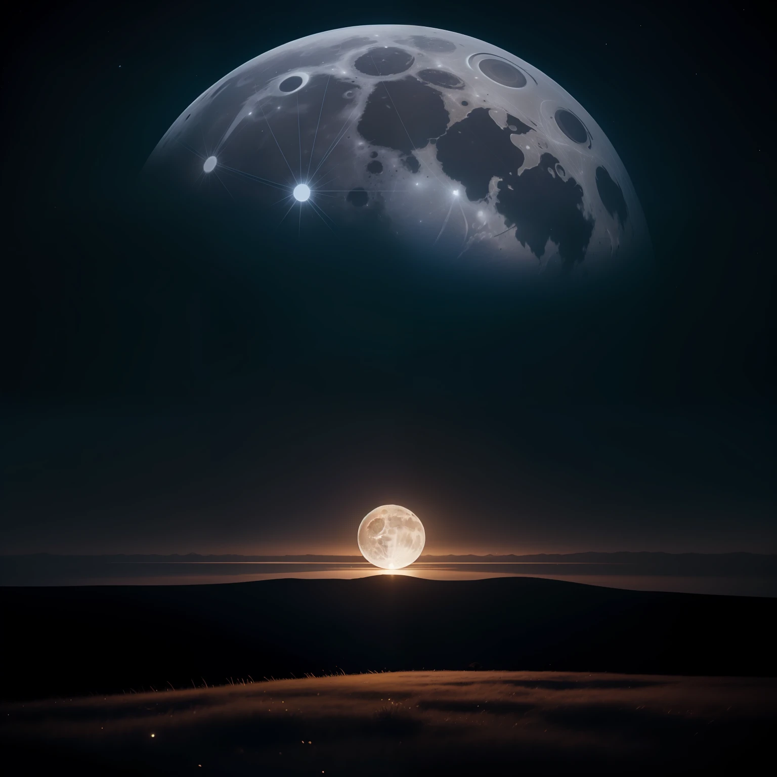 A full moon rises in the night sky, its round and complete shape illuminating the surrounding darkness. Its soft light creates a serene and tranquil setting, casting elongated shadows on the ground. A lua cheia domina o horizonte, enchendo o ambiente com uma luminosidade que destaca cada detalhe da paisagem noturna.