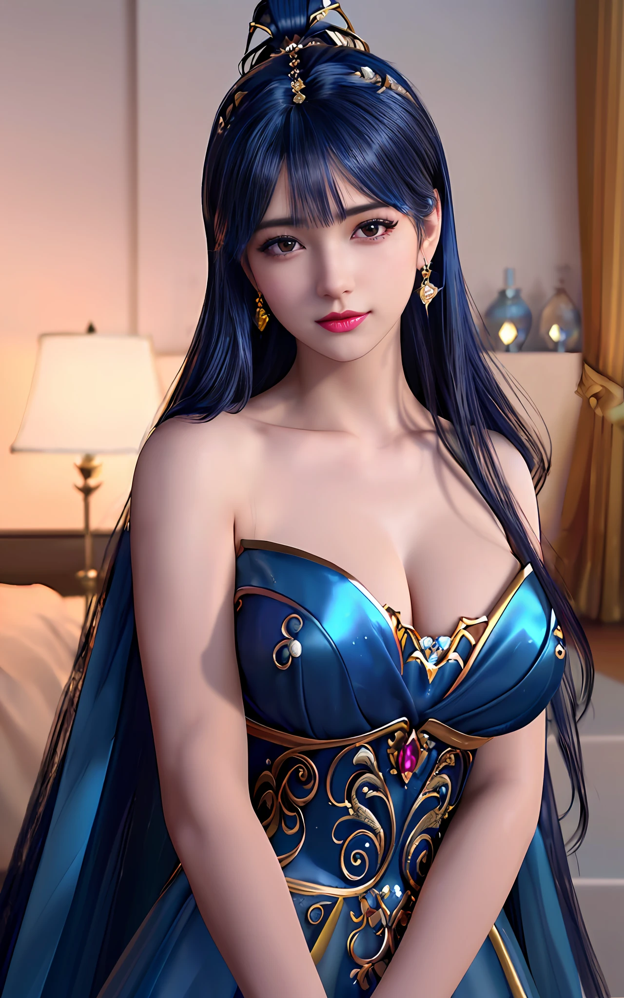 ((realisticity: 1.2)), ((best resolution: 8K UHD)), best quality,masterpiece,highres,cg,
((1 super detailed and super realistic girl)), ((very beautiful queen dazzling, super realistic, and super detailed)), long hair, ((super realistic and super detailed dress)), solo, ((super realistic, super beautiful, gorgeous and super detailed jewelry)), ((super beautiful, super realistic and super detailed dark blue and golden yellow dress)),
((super beautiful, super realistic, super detailed diamond filled earrings)),
((super beautiful, super realistic and super detailed diamond filled hair ornament)), ((super beautiful upper body, super beautiful, super realistic and super detailed)), ((big breasts: 2.5)),
((super grand, super realistic and super detailed royal palace backgroun))
((super beautiful, super beautiful, super realistic and super detailed hair bun)), ((super beautiful, super realistic and super detailed blue hair)),
candid, Photograph, high resolution, 8k,Bokeh,