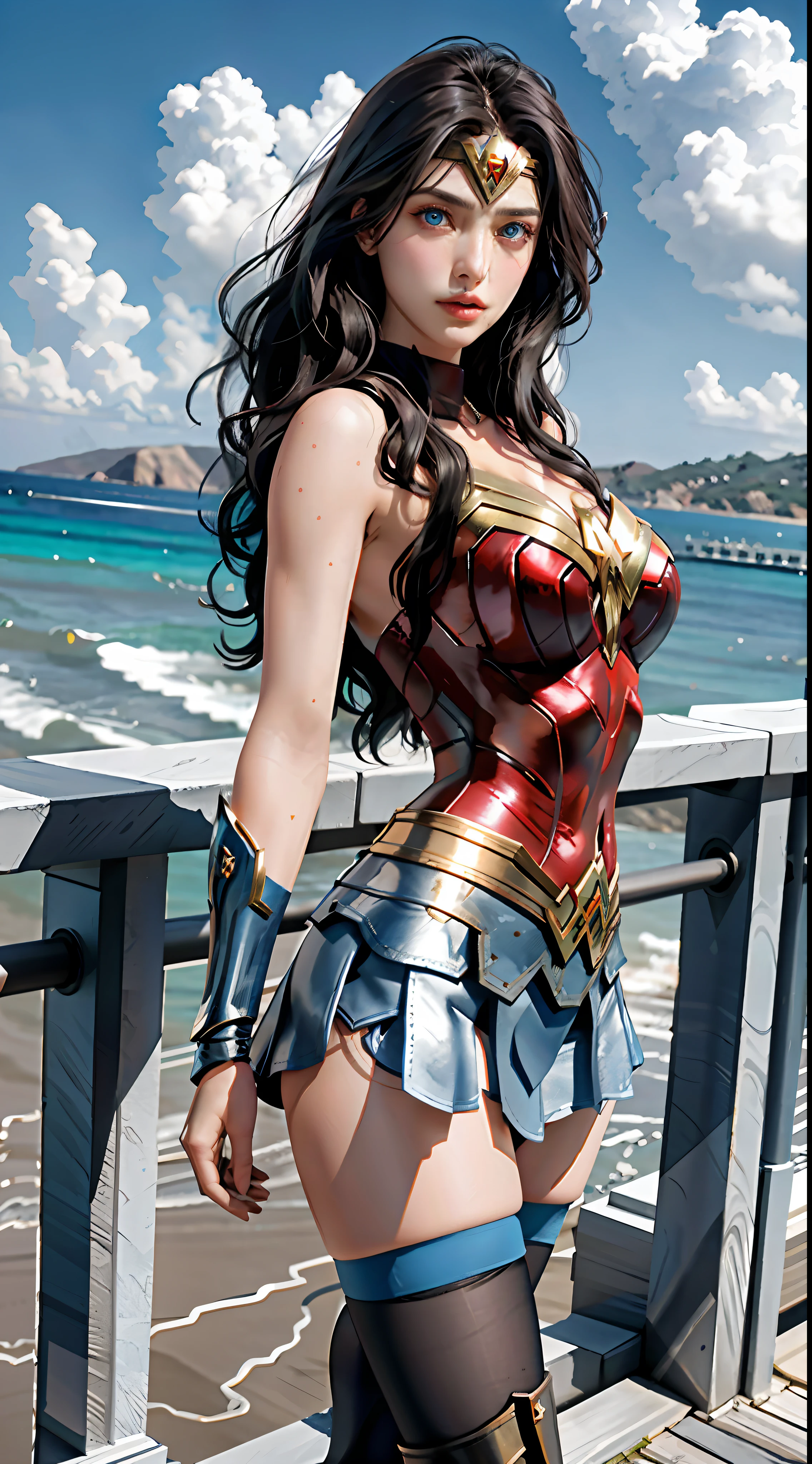 tmasterpiece， best qualtiy， photorealestic， photore， photorealisti， ultra - detailed， Perfect body， Detailed eyes， beuaty girl， wonder women， roleplaying， 1female，aged 40，Huge breasts，Pornographic exposure， 独奏，（Background with：jetty）， She has long flowing hair， standing on your feet，Sweat profusely，drenched all over the body，，blue color eyes，frontage，Blue straight hair， curlies，mostly cloudy sky，Wonder Woman uniform（（（tmasterpiece），（Very detailed CG unity 8K wallpaper），best qualtiy，cinmatic lighting，detailed back ground，beatiful detailed eyes，Bright pupils，（Very fine and beautiful），（Beautiful and detailed eye description），ultra - detailed，tmasterpiece，）），facing at camera，A high resolution，ultra - detailed），熟妇，mature，revealing breasts，facing at camera，Flushed complexion，Orgasmic face，Pornographic exposure，Protruding underparts，Camel toes，with no underpants，legs are open，frontage，Beautiful sexy full body photo in mini skirt and sewn stockings，（（独奏）），At the pier，high-heels，Craving sexual，