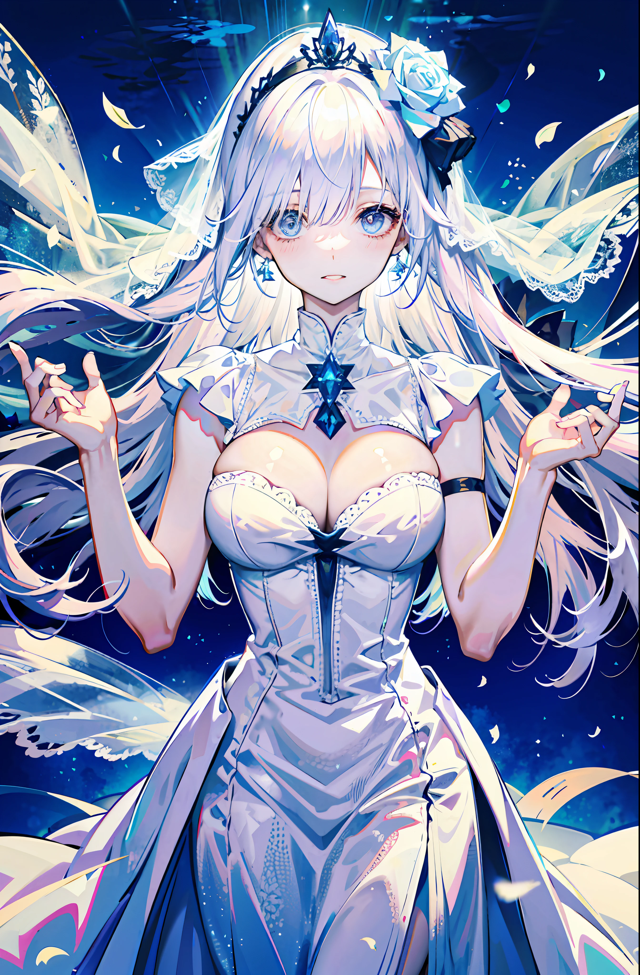 silber hair,butterflys,long whitr hair,white wedding gown,8k wallpaper,detailedbackground,Highest high resolution,deep v big breasts,Hair covers one eye,Bandeau wedding dress,chies,White rose,tight-fitting,chies,In the daytime,