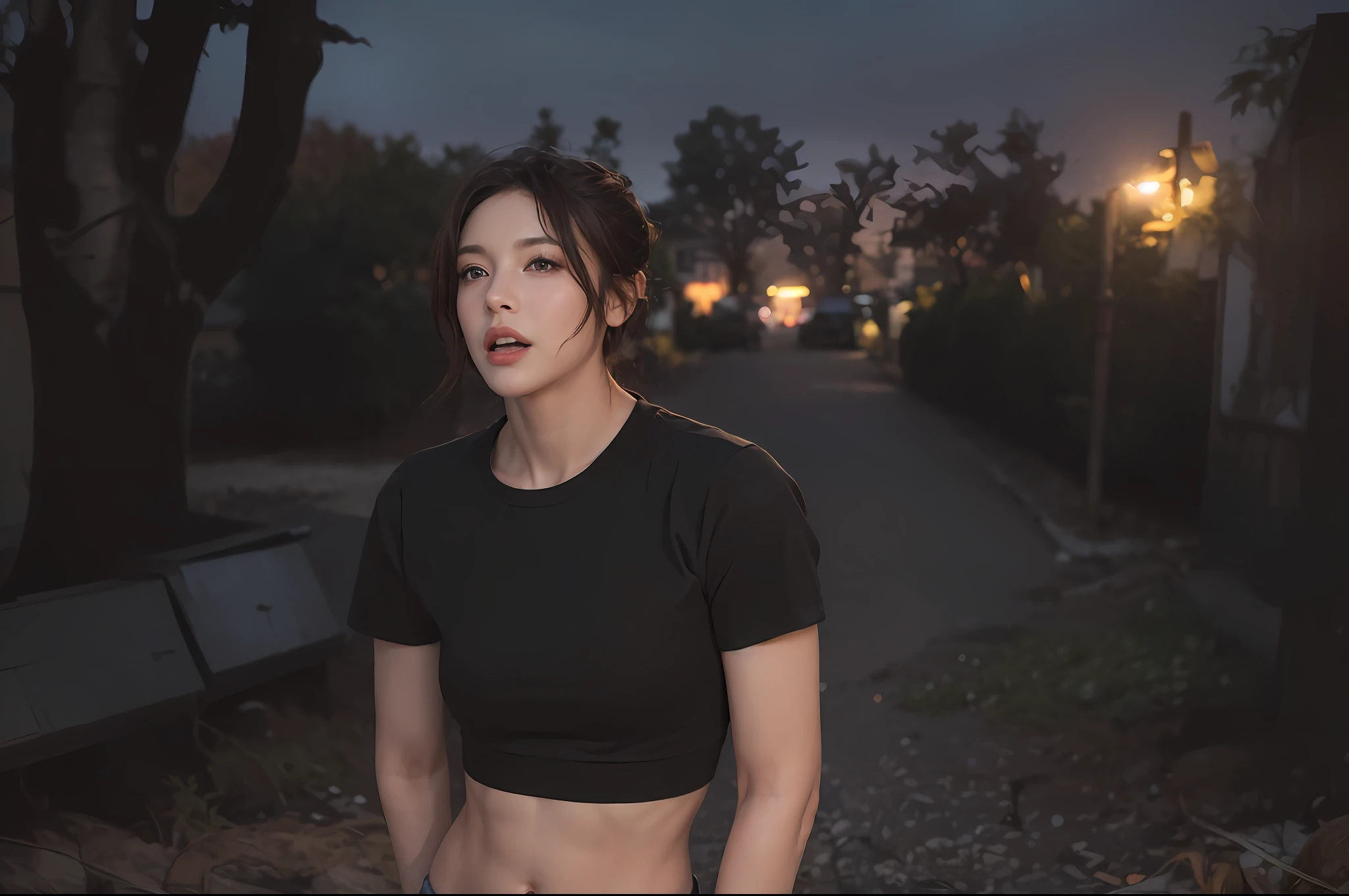 ((Realistic lighting, Best quality, 8K, Masterpiece: 1.3)), Clear focus: 1.2, 1girl, Perfect Figure: 1.4, Slim Abs: 1.1, ((Dark brown hair)), (White crop top: 1.4), (Outdoor, Night: 1.1), City streets, Super fine face, Fine eyes, Double eyelids,