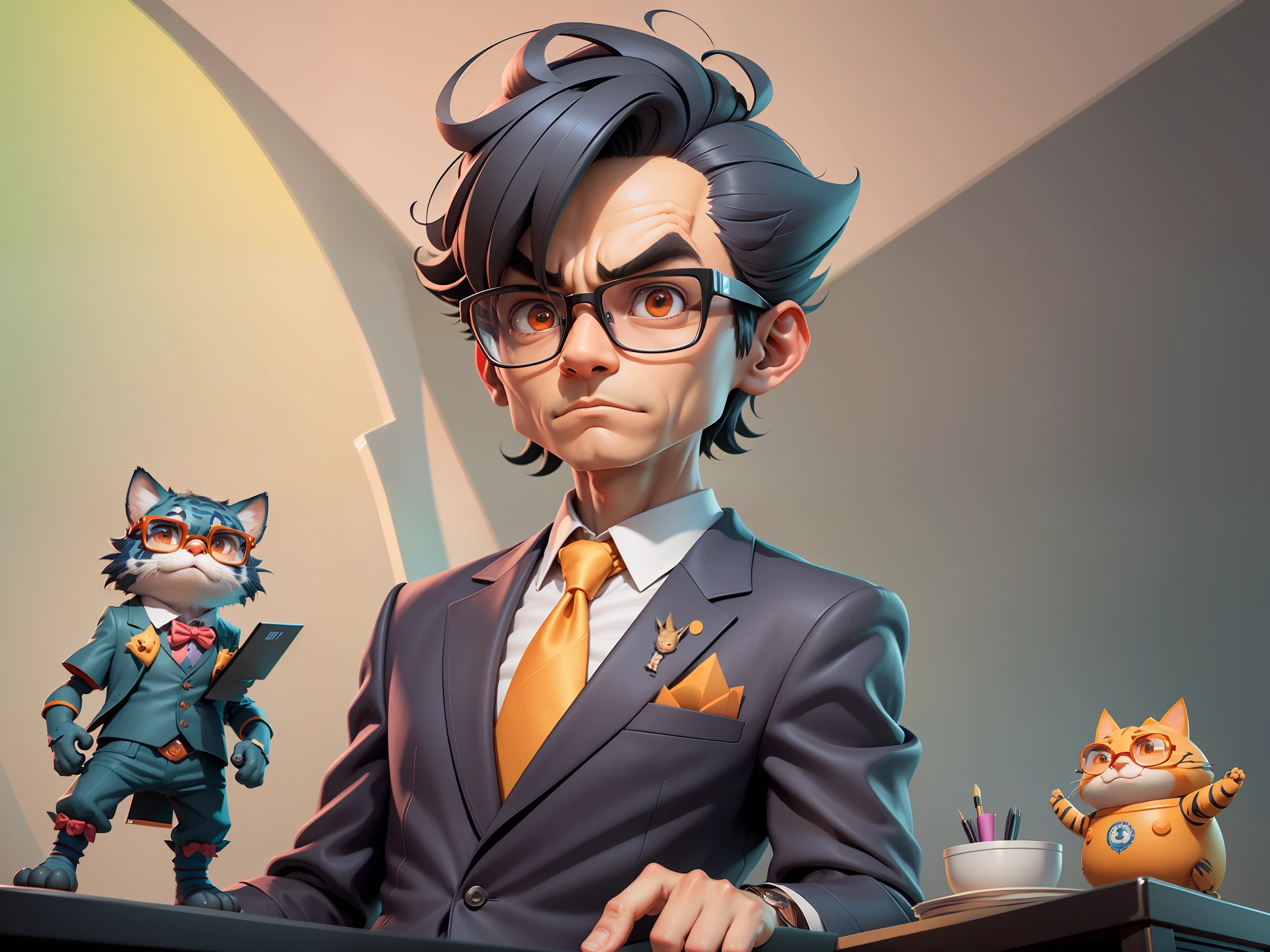 A young man in a suit, Short hair and glasses sat at his desk,holding laptop,digitial painting,tigre,3D character design by Mark Clairen and Pixar and Hayao Miyazaki and Akira Toriyama,4K HD illustration,Very detailed facial features and cartoon-style visuals。