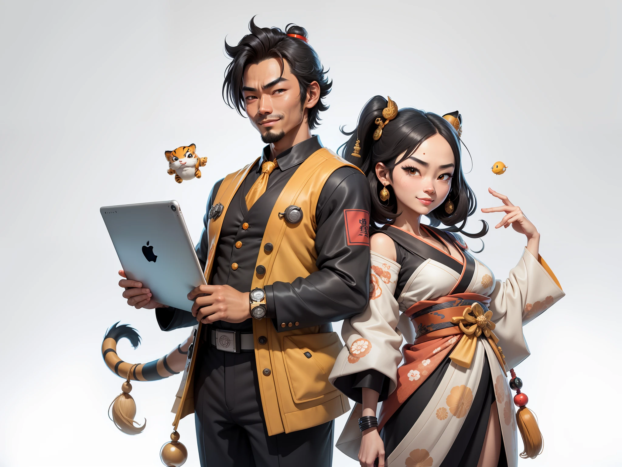 (Daisaku),(Need),(Super meticulous),(full bodyesbian:1.2),Super young man with Japanese geisha，Beautiful，orient，one tiger，Aeolian Thor，Raised y，爆乳，iental face，TV Anchor，Bust portrait illustration，In black suit，a blue tie，The face is slightly chubby，The face was clean，without a beard，Black super short hair，Black eyes，Smile confidently，3C computer sub-products，iPad， iphone，Digital painting，3D character design by Mark Clairen and Pixar and Hayao Miyazaki and Akira Toriyama，The illustration is a high-definition illustration in 4K resolution，With very detailed facial features and cartoon-style visuals。
