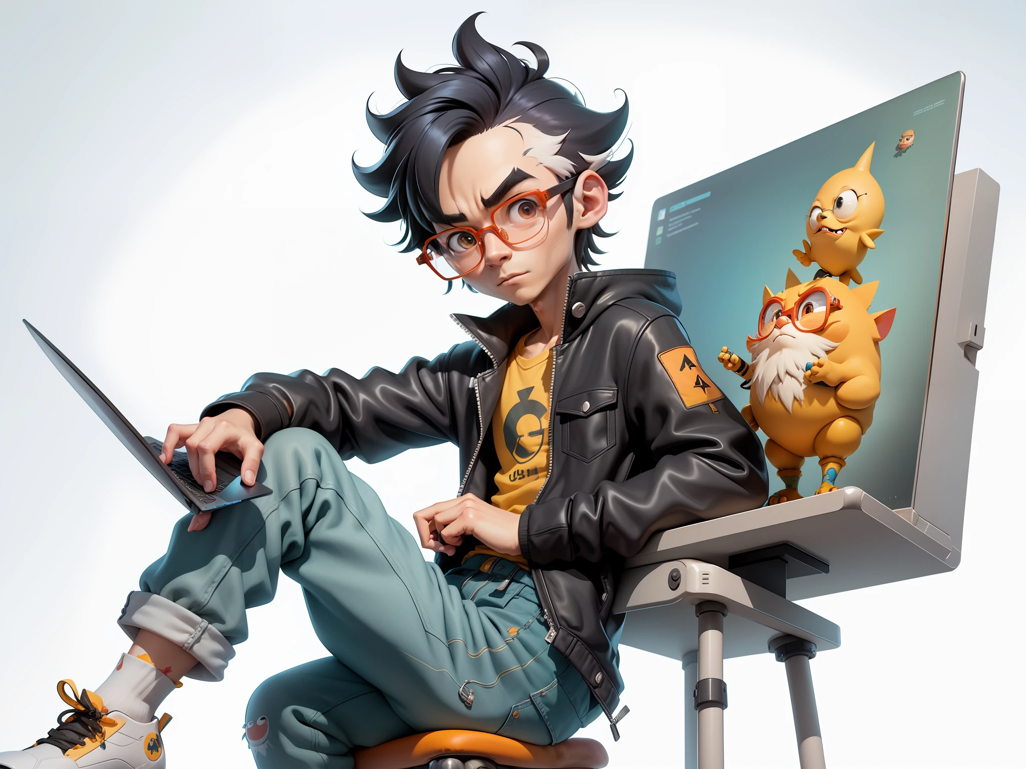 A young man with glasses sits at his desk,holding laptop,digitial painting,3D character design by Mark Clairen and Pixar and Hayao Miyazaki and Akira Toriyama,4K HD illustration,Very detailed facial features and cartoon-style visuals。