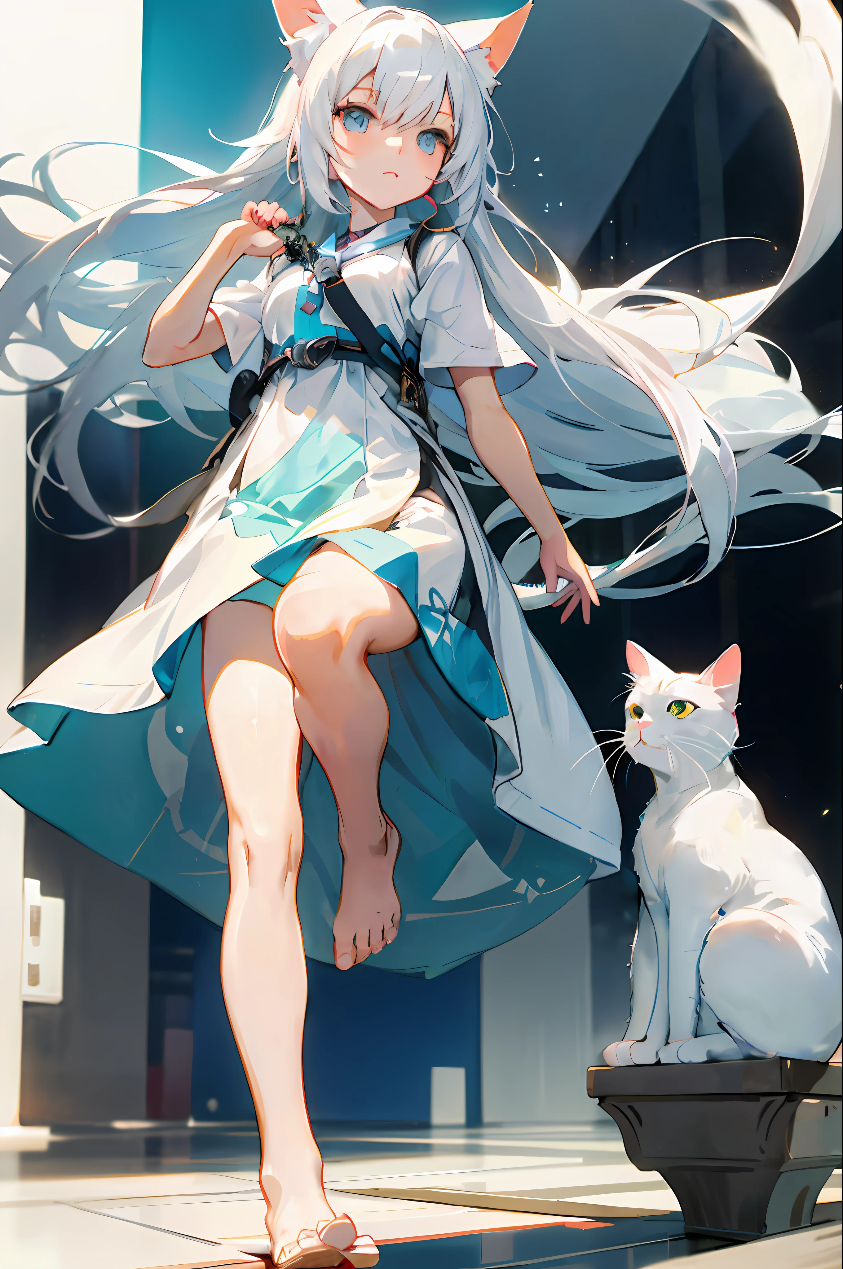Anime girl sitting on bench in front of building with white cat, Artgerm and Atey Ghailan, trending on artstation pixiv, White Cat Girl, Guweiz on ArtStation Pixiv, Guweiz in Pixiv ArtStation, beautiful anime catgirl, Very beautiful anime cat girl, Guviz-style artwork, Ross Tran style