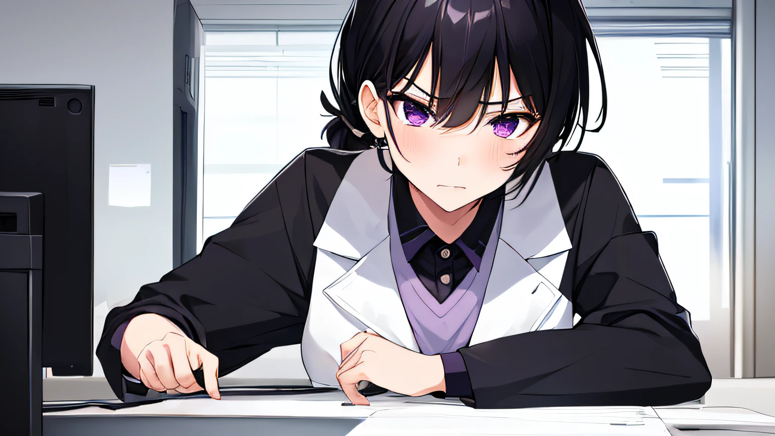 masterpiece, high quality, 8k, beautiful lighting, doga kobo, anime scene, 1girl, solo, hashimoto_mai, black hair, very short ponytail hair, small to medium breast, purple eyes, white pharmacist coat, pov, outlet, annoyed, irritated, counter, computer, looking at viewer, sighing