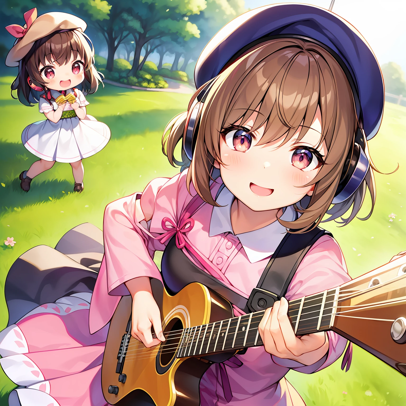 (Daisaku),(Need),(Super meticulous),(full bodyesbian:1.2),Two little chubby girls,One sings,One bullet knots him,tchibi,adolable,ssmile,Open-mouthed,In the beautiful garden,The sun shines,Outdoor Carnival,plays the guitar,Music,beret,Hold the guitar,Manteau,Blushlush,The tree,:florals,The shirt,Long skirt,Light brown hair,Happy smile,short detailed hair,SakuraNS,green headwear,Blurred,A brown-haired,Blush stickers,longer sleeves,By bangs,Headphones flick him,pinkflower,(beautiful detailed face),(美丽细致的眼睛),