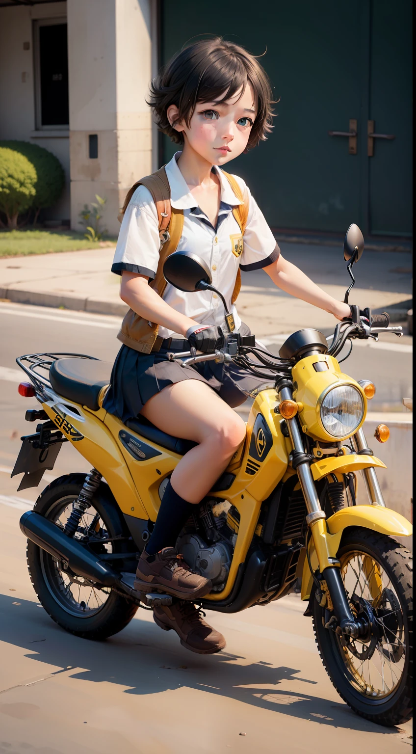 Materpiece. A young girl riding a 125cc yellow honda monkey motorcycle. Short hair. School uniform. In school yard. Summer day.