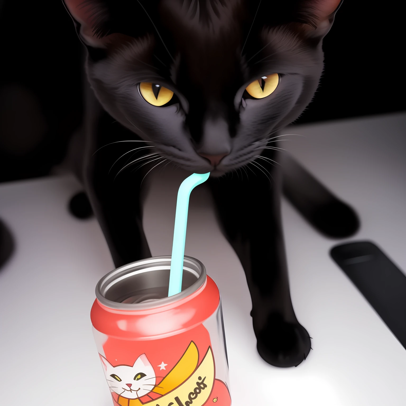 The black cat drinks milk from a jar with a straw,The straw is in the mouth,The thirsty cat drank happily,Lots of cute cartoon snacks and a bottle of Coca-Cola around。