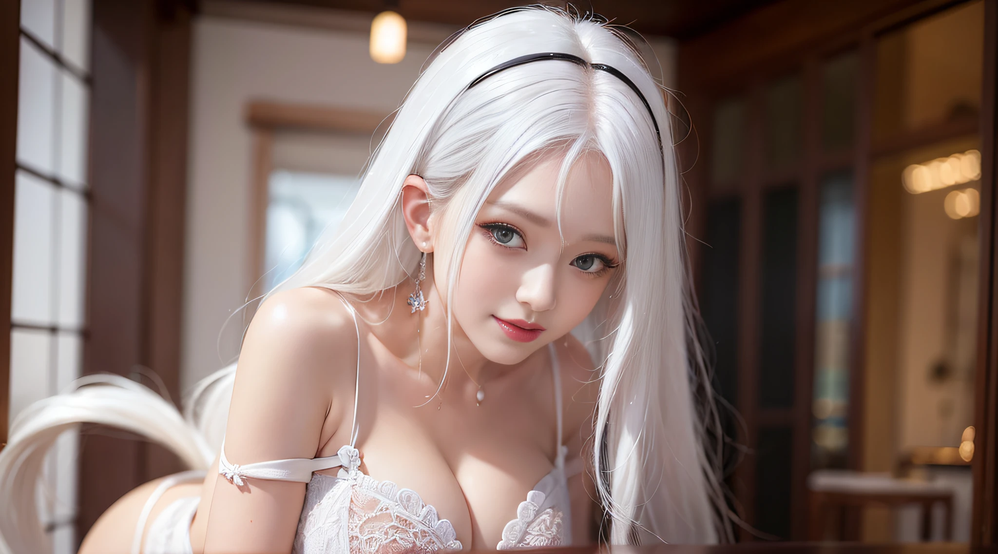 ((((Beautiful white hair))))、((small head))、Beautie、Beautuful Women、Japan Idol、(Perfect body:1.1)、(年轻)、(Beautiful white hair with short wavy:1.2)、(((8K))、(( Raw photography)))、(((a white bikini)))、(Highly detailed 8k wallpapers)、(extremely delicate and beautiful)、(​masterpiece)、(top-quality:1.0)、(超A high resolution:1.0)、beautiful  lighting、Perfect Lightning、realistic shadow、[hight resolution]、 Detailed skin、ultra-detailliert、thin clavicle、perspired、爆乳、huge tit、beutiful breast、red blush、Photorealsitic、Lifelike face、realisticeyes、is looking at the camera、a smile、 Lips with pink lips、natural make up、The best very happy smile、((best qualtiy)), ((tmasterpiece)), huge filesize, ultra-detailliert, hight resolution, ighly detailed, top-quality, ​masterpiece、full bodyesbian、Three-dimensional depiction、all-fours、all-fours、all-fours、((Show your))、((Show your))、Rear view、Rear view、Rear view、Rear view、s ass、s ass、s ass、s ass、A sexy