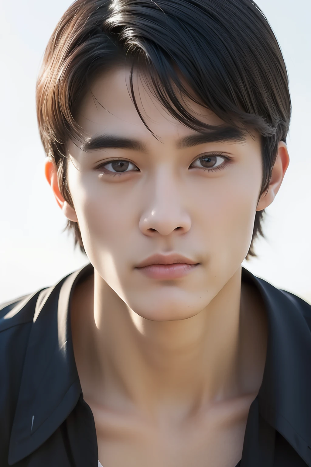 top-quality, masterpiece, 超A high resolution, (realisitic: 1.4), Original photo, wall-paper, Head Photo, The skin, simple background, Black eyes, detaileds, selfy, 1 boys, 18 years old, a handsome, breezing, rays of sunshine, Duan、a room、Amazing handsome man、Cute、Center Part、Johnny's、A face like Ryo Yoshizawa、Refreshing、not too thick eyebrows、orthodox christianity、cold face、musculature