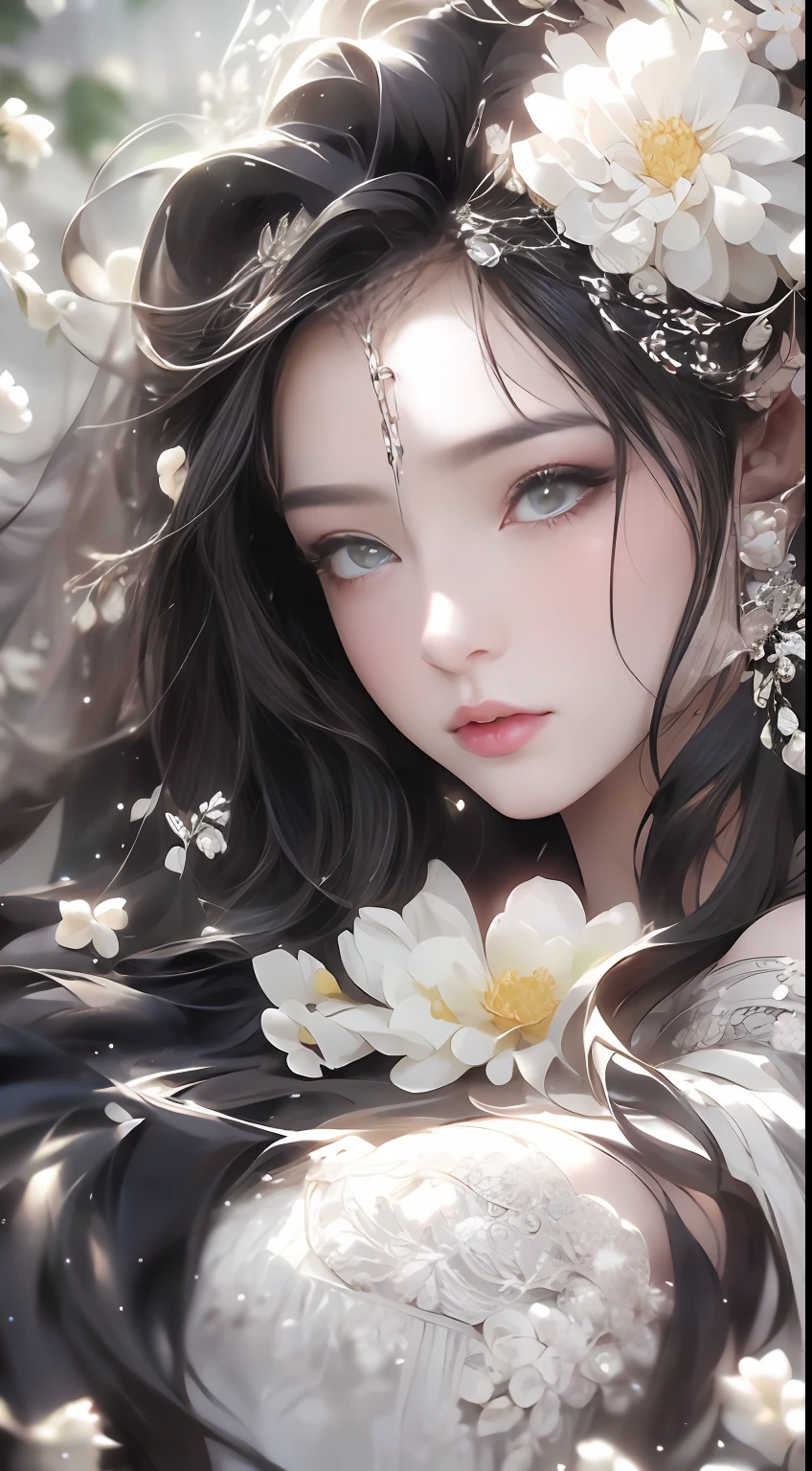1 girl, full body photo, black hair, flowing hair, hazy beauty, extremely beautiful facial features, white embroidered dress, hairpins on her head, lying in a flower bush, hand dragging chin, perfect hand, white flower, (spring, rainy day, terraces, mountains), simple vector art, contemporary Chinese art, soft light, entangled scarf, overlook