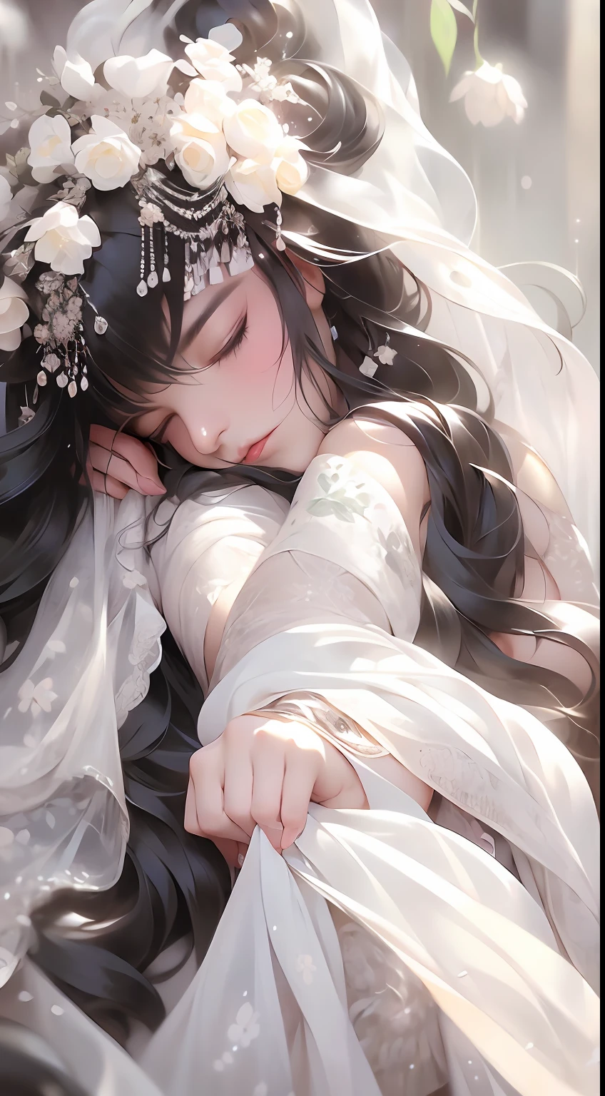 1 girl, full body photo, black hair, flowing hair, hazy beauty, extremely beautiful facial features, white embroidered dress, hairpins on her head, lying in a flower bush, hand dragging chin, perfect hand, white flower, (spring, rainy day, terraces, mountains), simple vector art, contemporary Chinese art, soft light, entangled scarf, overlook