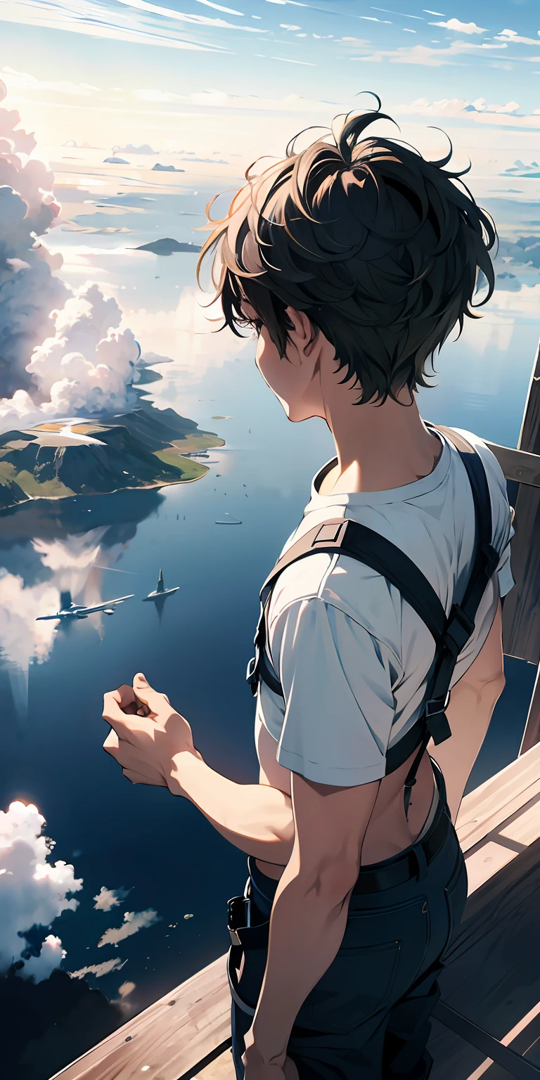 Ridiculous resolution, A high resolution, (masterpiece:1.4), ultra - detailed, 1boy, looking from above, the space, afloat， ，​​clouds，eventide --v 6