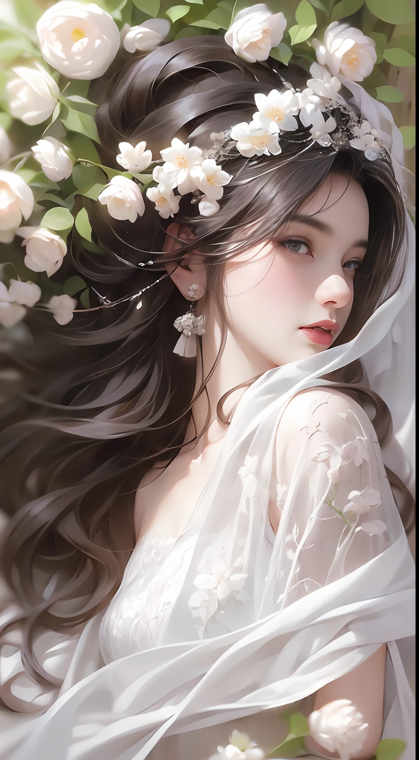 1 girl, full body photo, black hair, flowing hair, hazy beauty, extremely beautiful facial features, white embroidered dress, hairpins on her head, lying in a flower bush, hand dragging chin, perfect hand, white flower, (spring, rainy day, terraces, mountains), simple vector art, contemporary Chinese art, soft light, entangled scarf, overlook