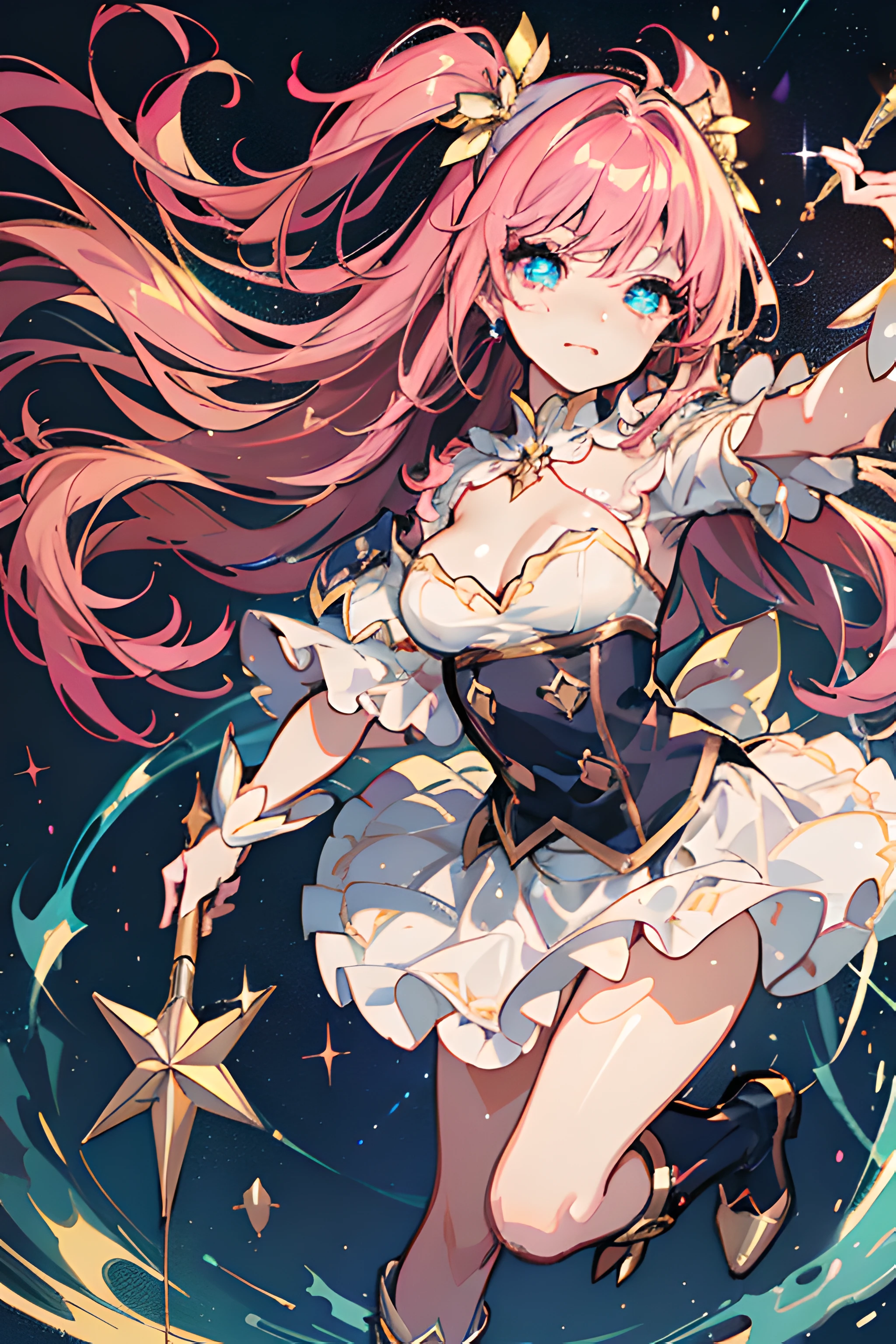 ((magical little girl)), ((Gorgeous starry sky background)), ((Ultra-detailed)), ((Best Illustration)), ((Cinematic lighting)), Dynamic Angle, Floating, finely detailed, (glitters:1.2), (Sparkle:1.2), (Shine:1.2), classic, (Painting:1.1), (Sketch:1.1), (Best quality), (Masterpiece:1.2), (Anime style), (Solo), Beautiful detailed face, (Cute face:1.3), (Big eyes:1.3), Colorful hair, (Long hair:1.2), (Floating hair:1.2), (magical girl outfit), detailed outfits, (Sparkling wand:1.3), (Magical effect:1.3), (Flowing skirt:1.2), (Cute boots:1.1), (Transparent fabric:1.1), (Twinkle:1.2), (Glow:1.2), (Radiance:1.2), (Flicker:1.2), (Dazzle:1.2)