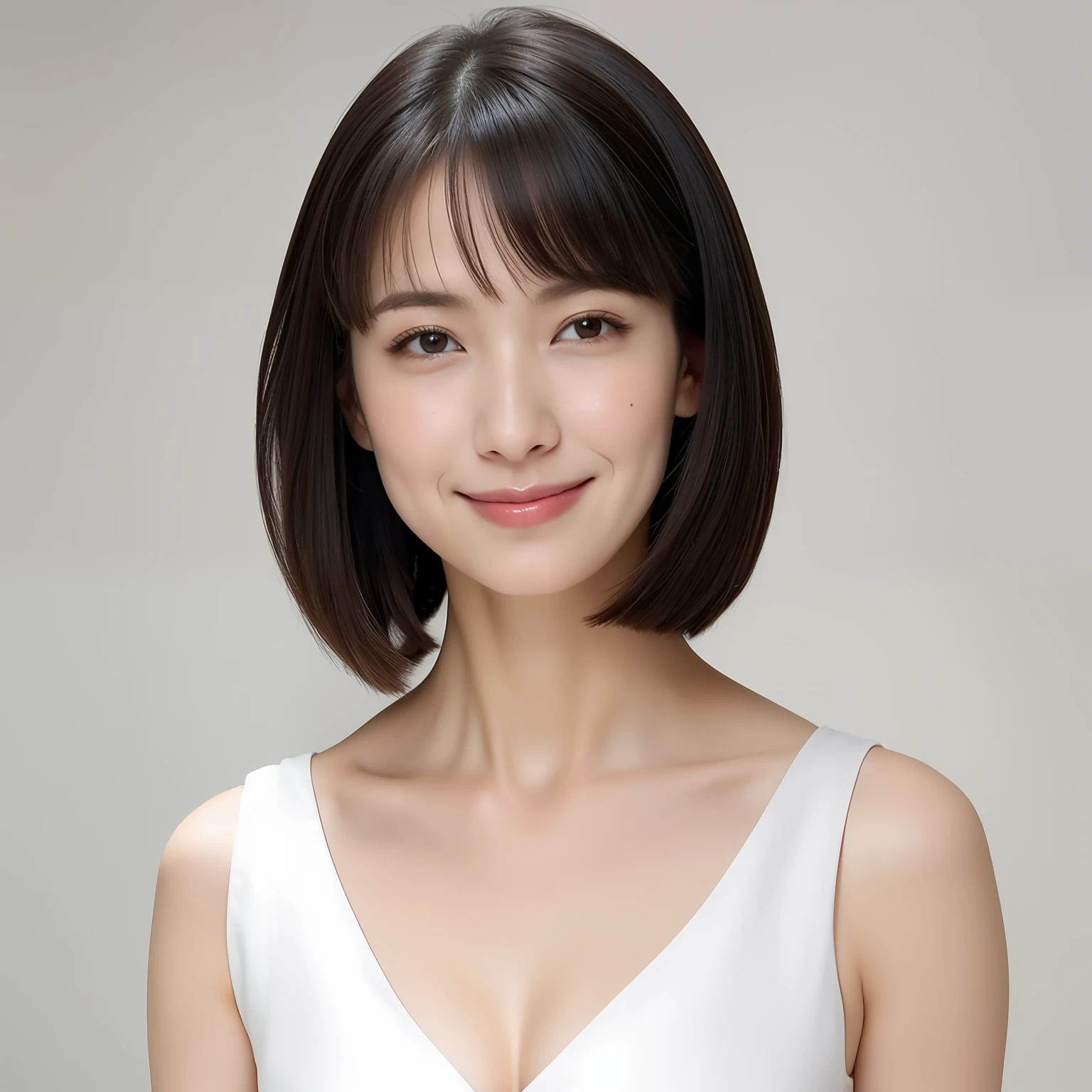 ((masterpiece, top quality, high definition)), 1 girl, (photorealistic: 1.4), solo, white background, snow-white background, mouth closed, happy smile, happy smile, pretty black hair, short hair, big eyes, clear double eyelids, eyelashes, ears out, long neck, long neck, absolute area, ((face close-up)), (drawing all head, shoulders), 19 years old, Attractive proportions, shiny skin, clean collarbone, golden ratio face, perfect face, teardrop mole, mole on chest, bangs, clean bangs, lip gloss, pale lips, pale skin, naked, big breasts, small face, small face, draw all head, draw all shoulders, from side, gaze staring at the camera