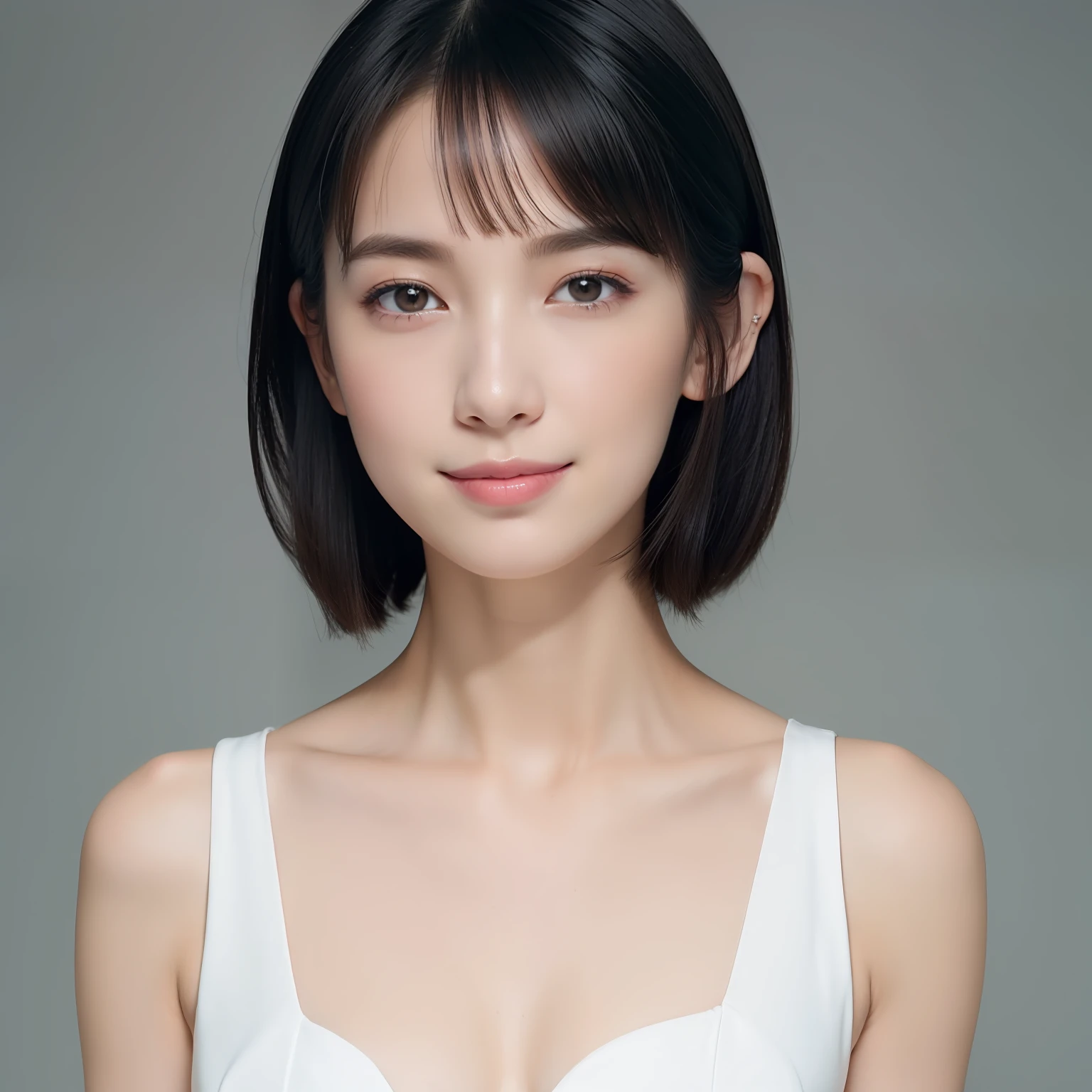 ((masterpiece, top quality, high definition)), 1 girl, (photorealistic: 1.4), solo, white background, snow-white background, mouth closed, happy smile, happy smile, pretty black hair, short hair, big eyes, clear double eyelids, eyelashes, ears out, long neck, long neck, absolute area, ((face close-up)), (drawing all head, shoulders), 19 years old, Attractive proportions, shiny skin, clean collarbone, golden ratio face, perfect face, teardrop mole, mole on chest, bangs, clean bangs, lip gloss, pale lips, pale skin, naked, big breasts, small face, small face, draw all head, draw all shoulders, from side, gaze staring at the camera