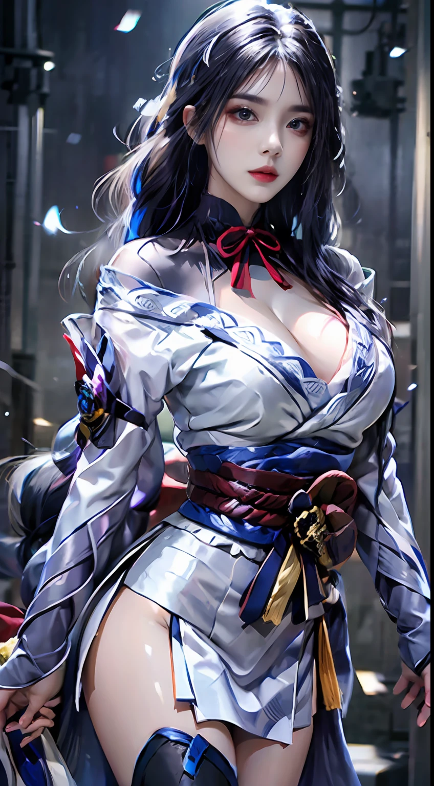 Photographic-grade high resolution,long white hair,Beautiful eyes,normal breast,Raiden General costume。