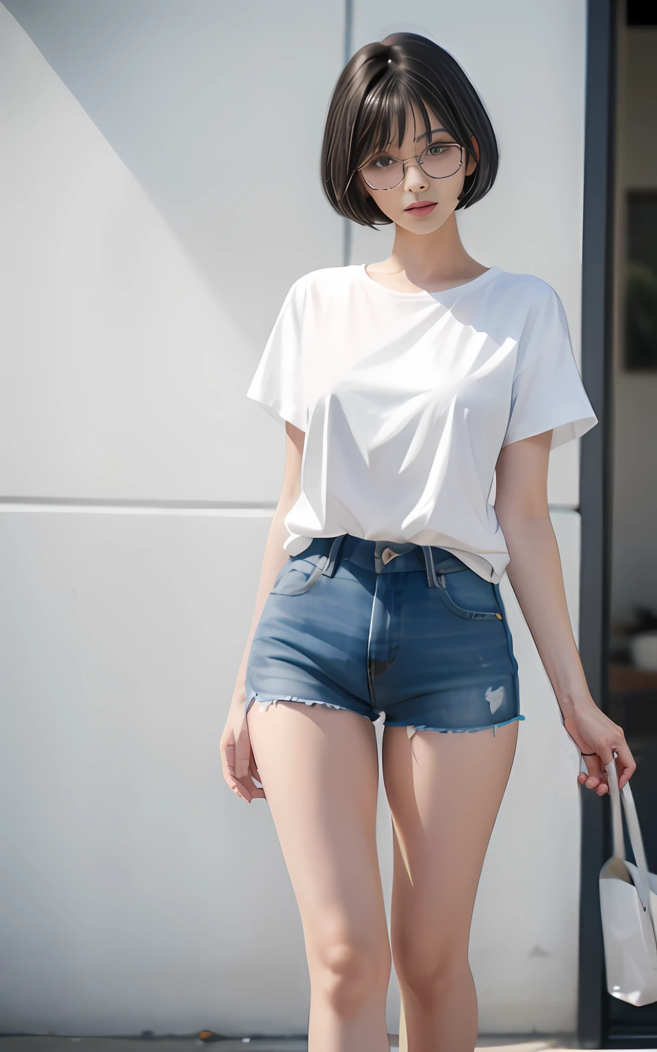 eye glass,with short black hair,slanted bangs,eye glass,Beautuful Women,white shirt,denim short