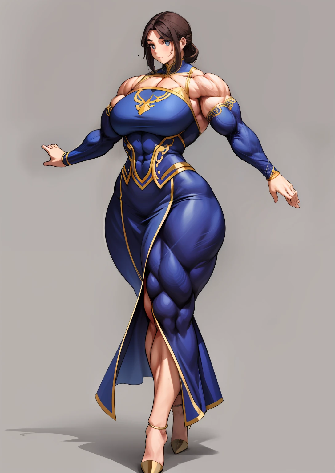 tmasterpiece,finely detailled,Burly woman,Exaggerated large muscles,short sleeved top,stocklings,high-heels, Full body like,You can see the feet from the head, Beautiful and charming European female face, Single female,Very fair skin,Very broad shoulders, Strong and powerful arms,thick calf,Very long legs,looking toward the viewer
