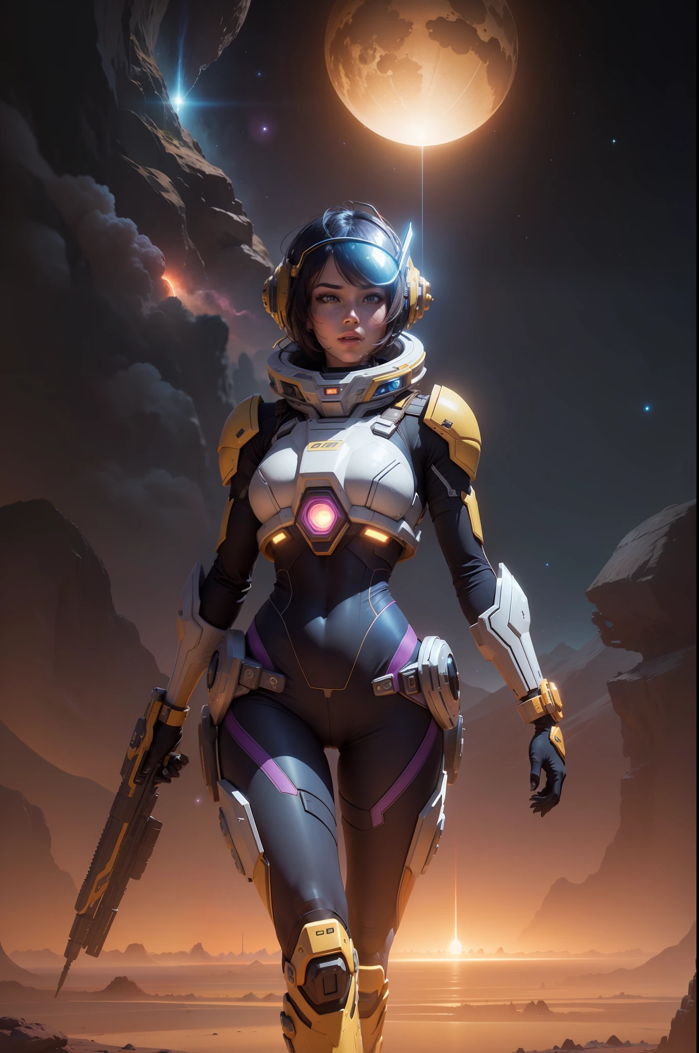a vibrant cinematic full body photo of a female adventure in the jungle, octane render, high quality ultra future blue an gold space combat visor up, alien planet background an extreme long shot of an armored female space and planet explorer in an open and large terrain, open terrain of an arid alien world with Saturn like planets visible in the night sky, sci-fi planet-scapes as far as the eye can see satellites spaceships and shooting stars, alien mega city in the distance with spiral buildings reaching to the sky, hyperdetailed photorealistic 24k resolution in the style of Ray Bradberry, orange pink inky black and purple color scheme.