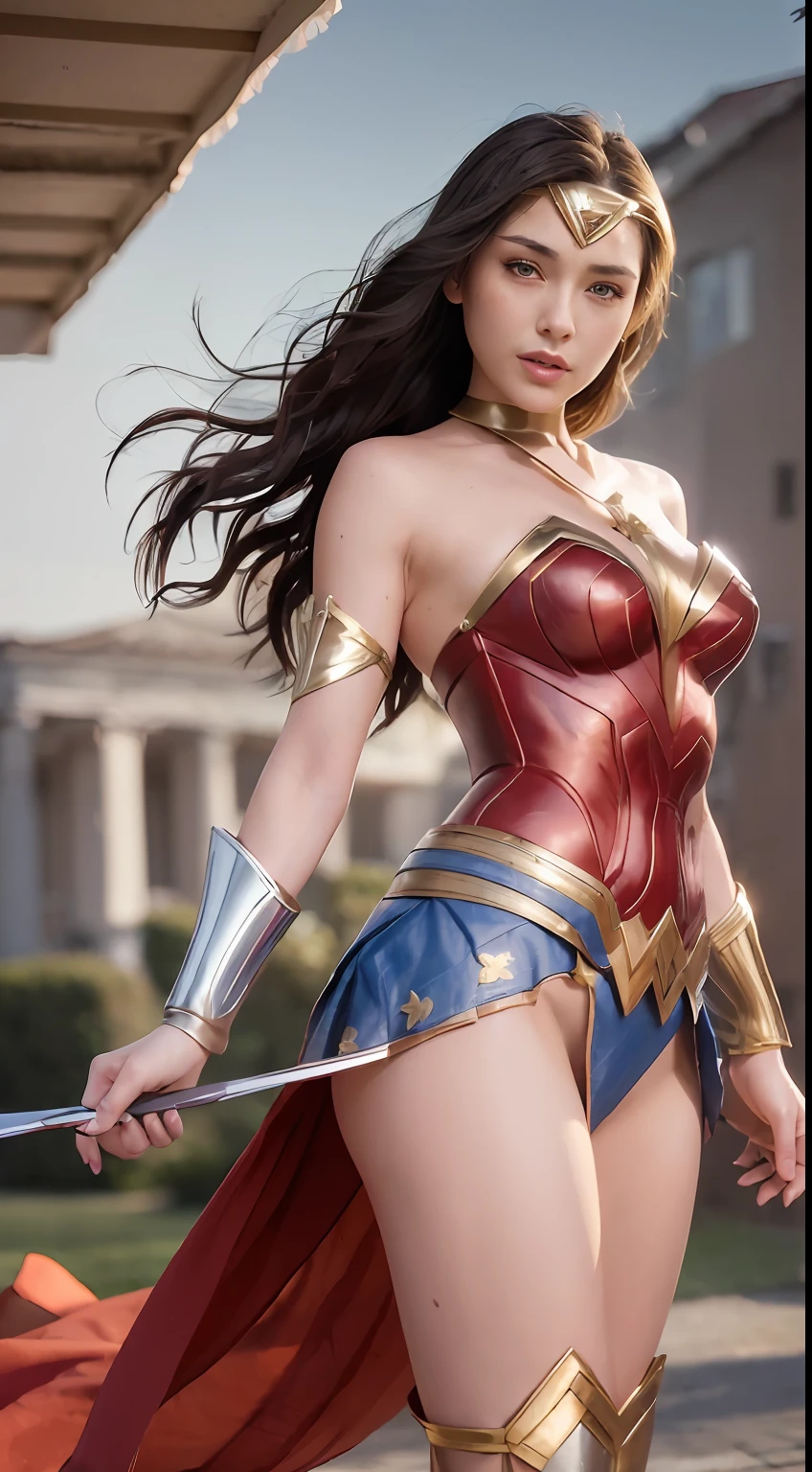 1girl, full body, style of the Wonder woman costume, medium breasts, look a viewers , smile, masterpiece, best quality, detailed skin texture, detailed cloth texture, beautiful detailed face, intricate details, ultra detailed, posing Standing as a Silhouette in Front of the Setting Sun, back posed, (Best quality, A high resolution, Photorealistic, primitive, 8K,Masterpiece, ),Best quality, Masterpiec8K.hdr. High ribs:1.2, filmgrain, Blur bokeh:1.2, Lens flare, (vivd colour:1.2), (Delicate),