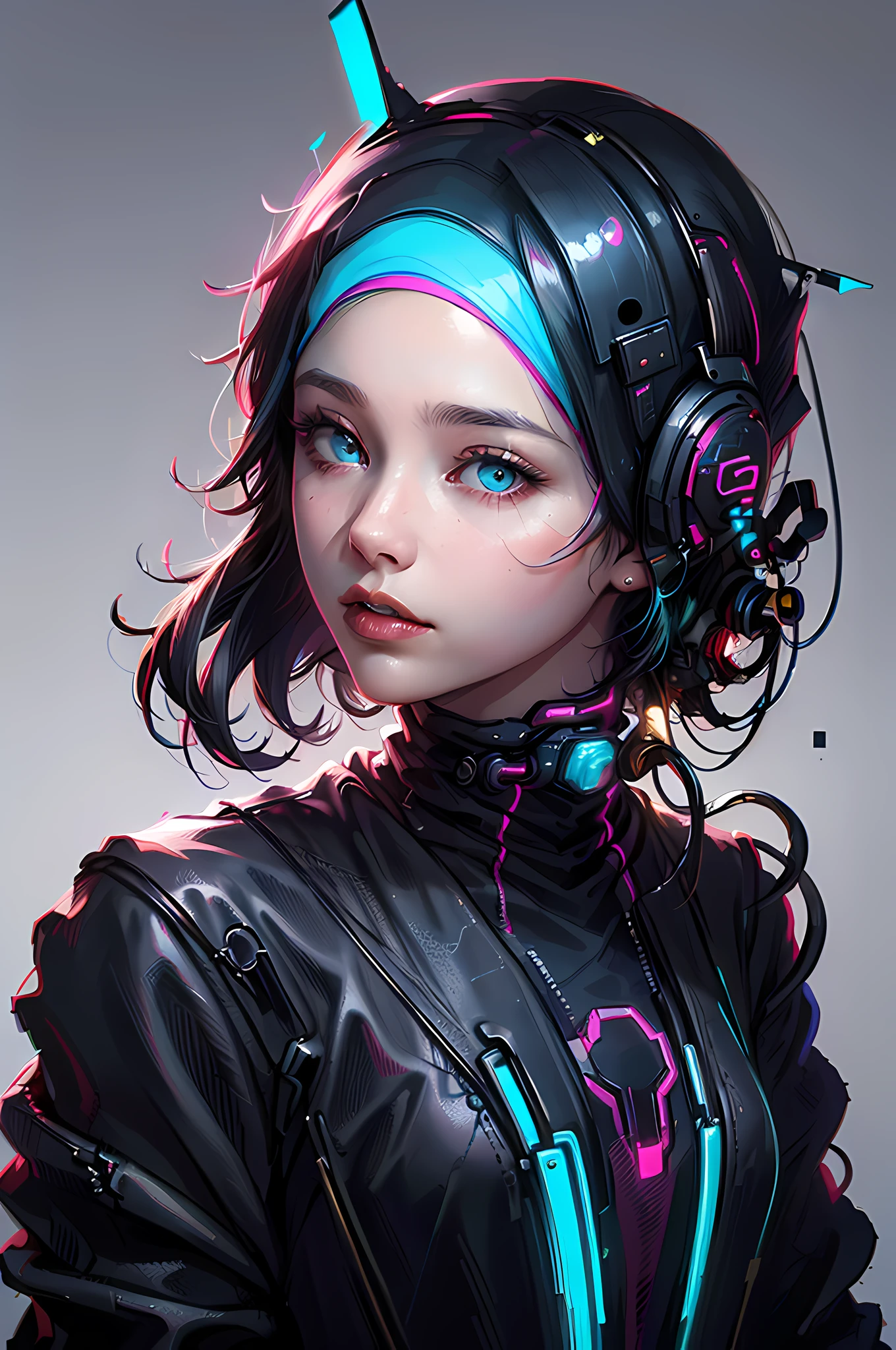 (Blue and Magenta), (Neon Cyberpunk Hijab: 1.5), [Style: Neon Cyberpunk: 1.3], (RAW Photos: 1.2), (Perfect Eyes: 1.5)),  (Photorealistic: 1.4), (Masterpieces: 1.3), (Best Quality: 1.4), Dreamy, (Detailed Eyes), (Detailed Facial Features), ( (8k:1.27), best quality, masterpiece, Hijab hair, ultra highres:1.2) Photo of Pretty woman (beautiful:1.1) (sci-fi woman:1.1), (Hijab cloak: 1.61) (Hijab leather Coat:1.21) intricate elegant, fantasy, detailed, ometric by greg rutkowski and alphonse mucha, gradient lighting