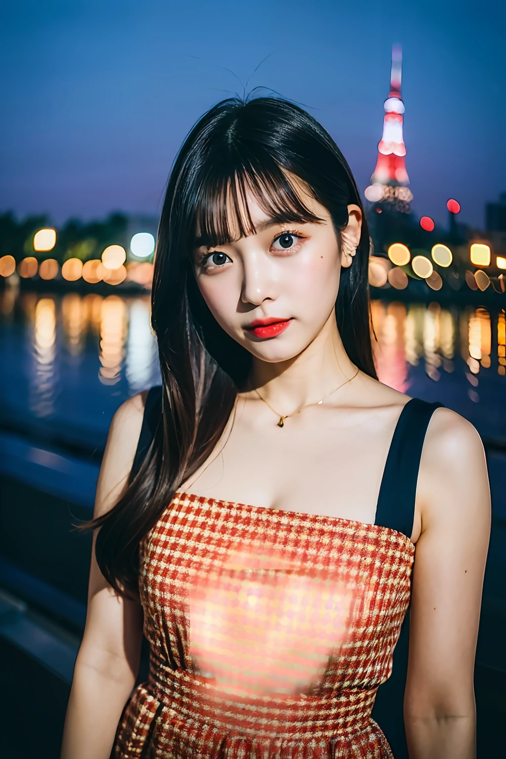 best quality ,masterpiece,ultra high res,(photo realistic:1.4), 1 girl, looking at viewer, Wearing Bandeau Dress: 1.1, korean famous actress, very beautiful,kawaii, Cinematic, 35mm lens, f/ 1. 8, accent lighting, 8k, with Tokyo tower