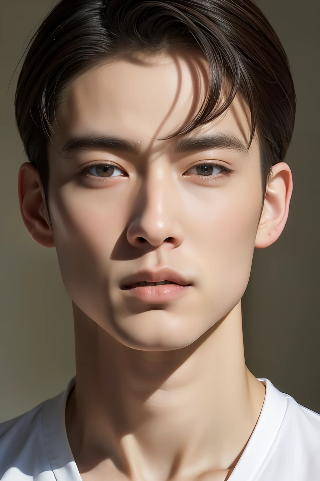 top-quality, masterpiece, 超A high resolution, (realisitic: 1.4), Original photo, wall-paper, Head Photo, The skin, simple background, Black eyes, detaileds, selfy, 1 boys, 18 years old, a handsome, breezing, rays of sunshine, Duan、a room、Amazing handsome man、Cute、Center Part、Johnny's、A face like Ryo Yoshizawa、Refreshing、not too thick eyebrows、orthodox christianity、Cold Face、musculature