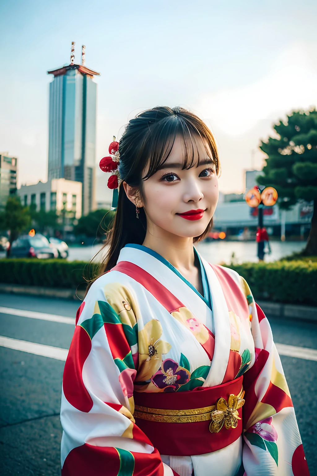 best quality ,masterpiece,ultra high res,(photo realistic:1.4), 1 girl, looking at viewer, Wearing kimono, korean famous actress, very beautiful,kawaii, Cinematic, 35mm lens, f/ 1. 8, accent lighting, 8k, with Tokyo tower