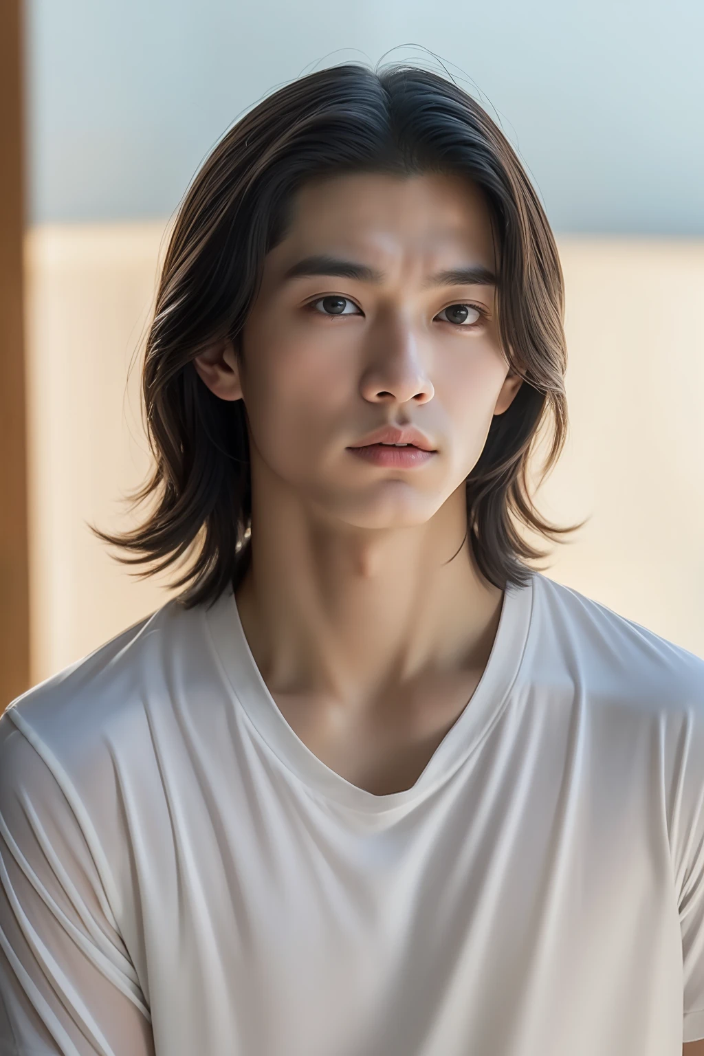 top-quality, masterpiece, 超A high resolution, (realisitic: 1.4), Original photo, wall-paper, Head Photo, The skin, simple background, Black eyes, detaileds, selfy, 1 boys, 18 years old, a handsome, breezing, rays of sunshine, Duan、a room、Amazing handsome man、Cute、Center Part、Johnny's、A face like Ryo Yoshizawa、Refreshing、not too thick eyebrows、orthodox christianity、Cold Face、musculature