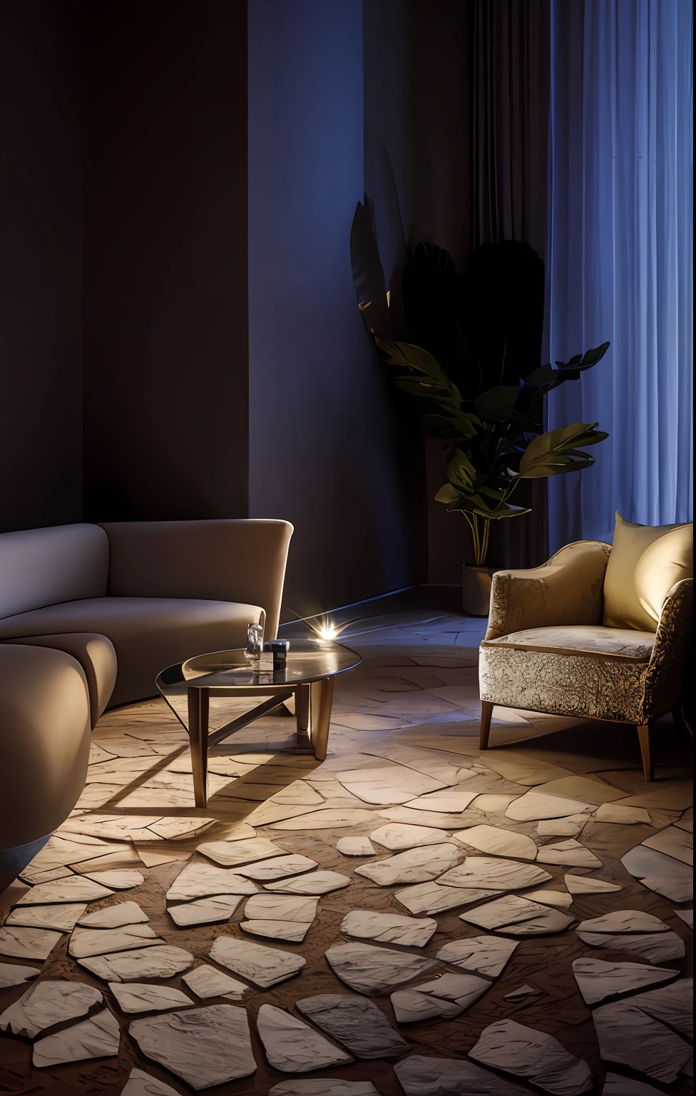 Room with window with sofa and chairs, Dramatic ambient lighting, cinematic accent lighting, dramatic ambient light, highly photographic render, dramatic lighting render, mysterious ambient lighting, Ambient lighting at night, Dynamic and atmospheric lighting, with photorealistic lighting, Dappled dynamic lighting, Dramatic dream lighting, Warm ambient lighting