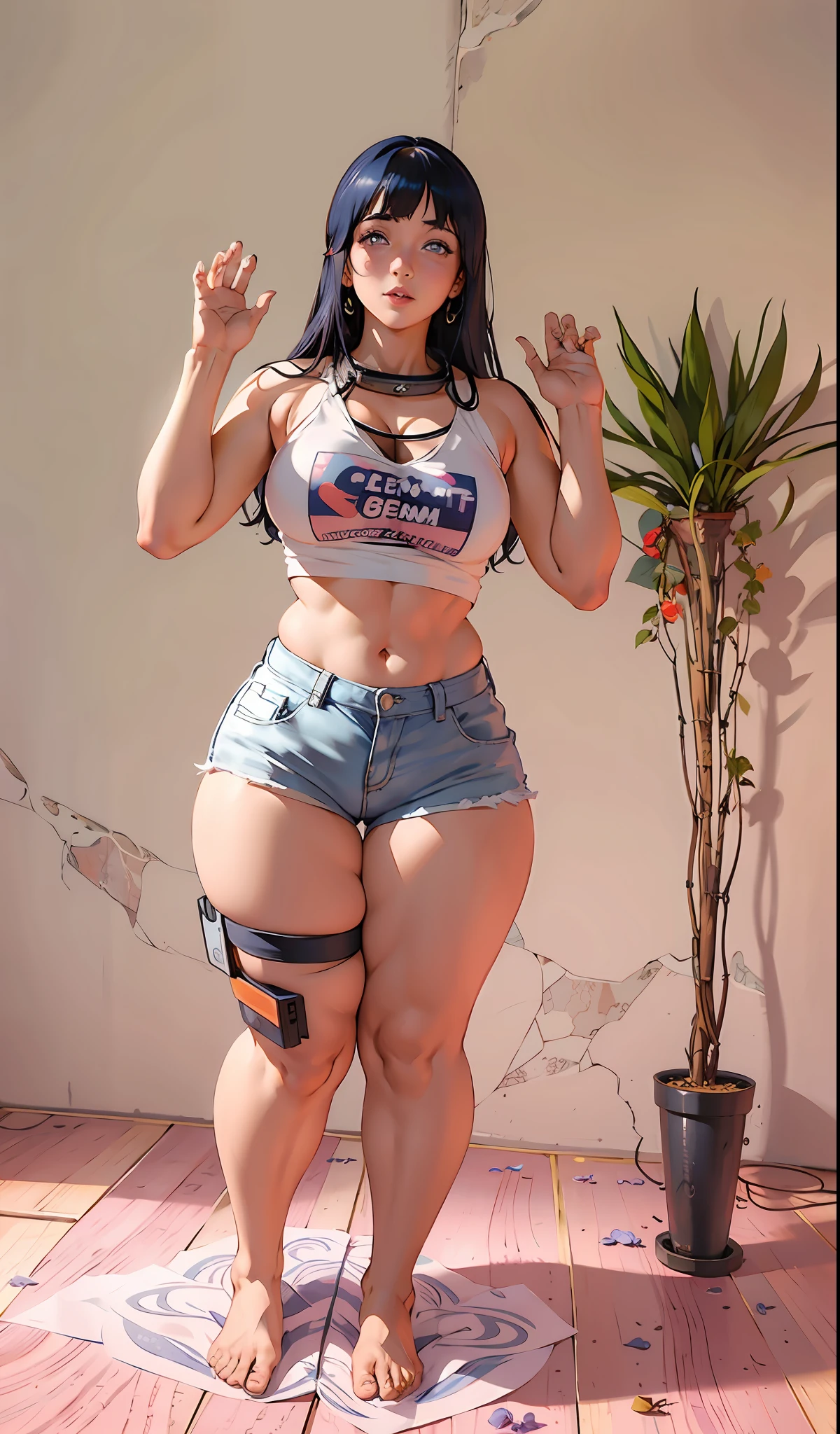 Hinata Hyuga em uma regata branca e shorts azuis posando para uma foto, thicc, corpo grosso, beautiful thick female, quadris largos, pernas grossas, coxas grossas, cintura magra e quadris grossos, ela tem uma barriga Fitness, thick thieves, pawg, bons quadris e pernas longas, quadris mais largos